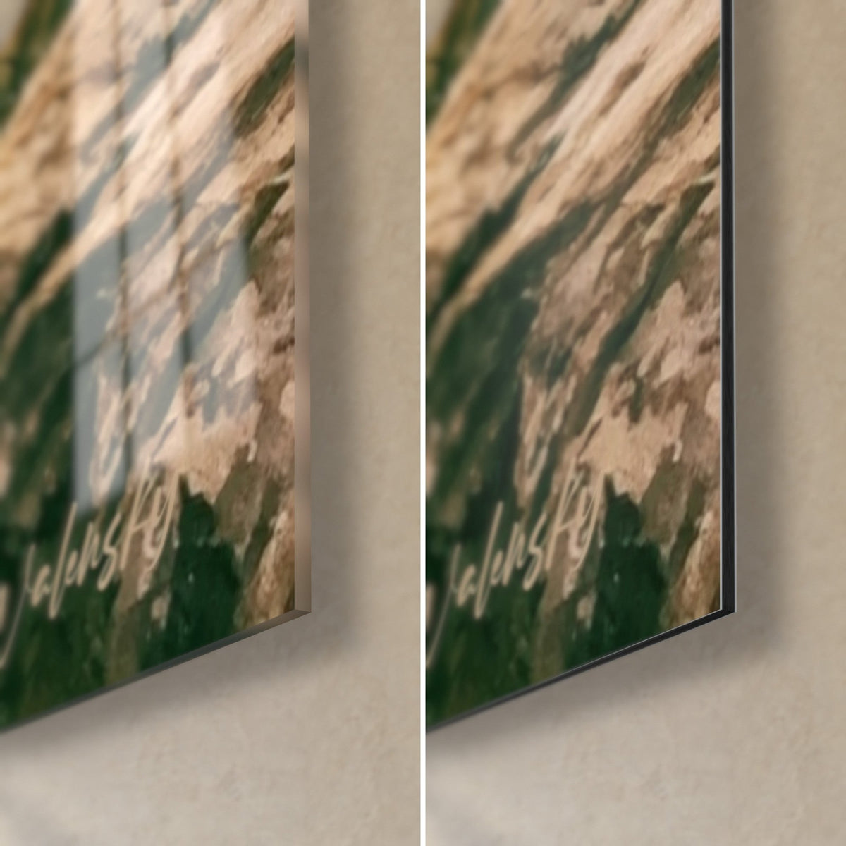 Wall art cyclist on an autumn road, bottom right corner: glossy acrylic glass with reflections on the left, matte Dibond aluminium on the right