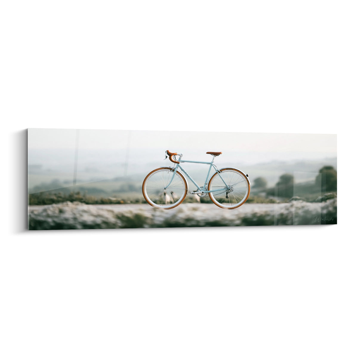 Vélo bleu pastel de profil sur route brumeuse, selle brune, tableau cyclisme panoramique aux tons verts et gris