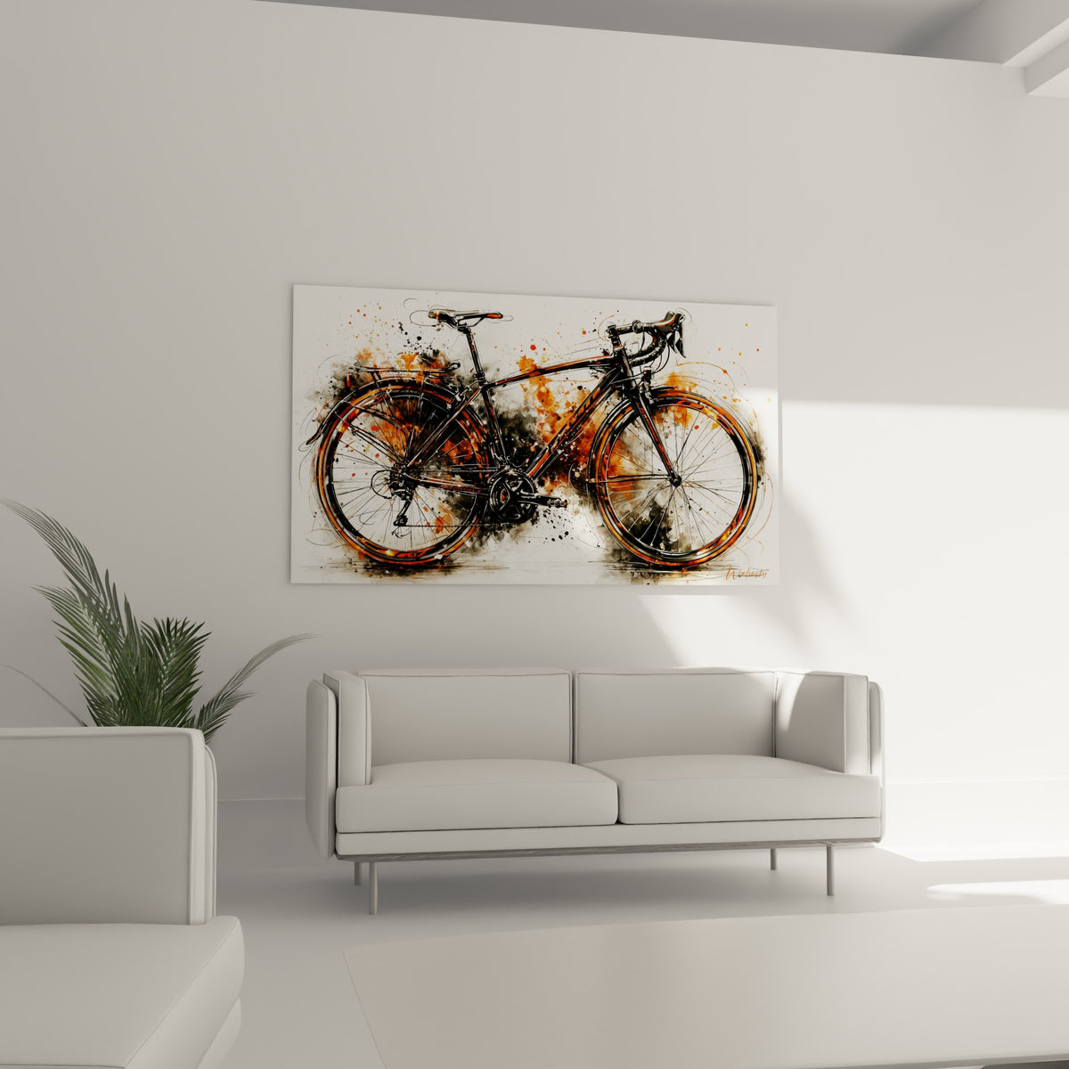 Cycle noir et ocre aux éclaboussures dynamiques placé au-dessus d'un canapé dans un salon lumineux