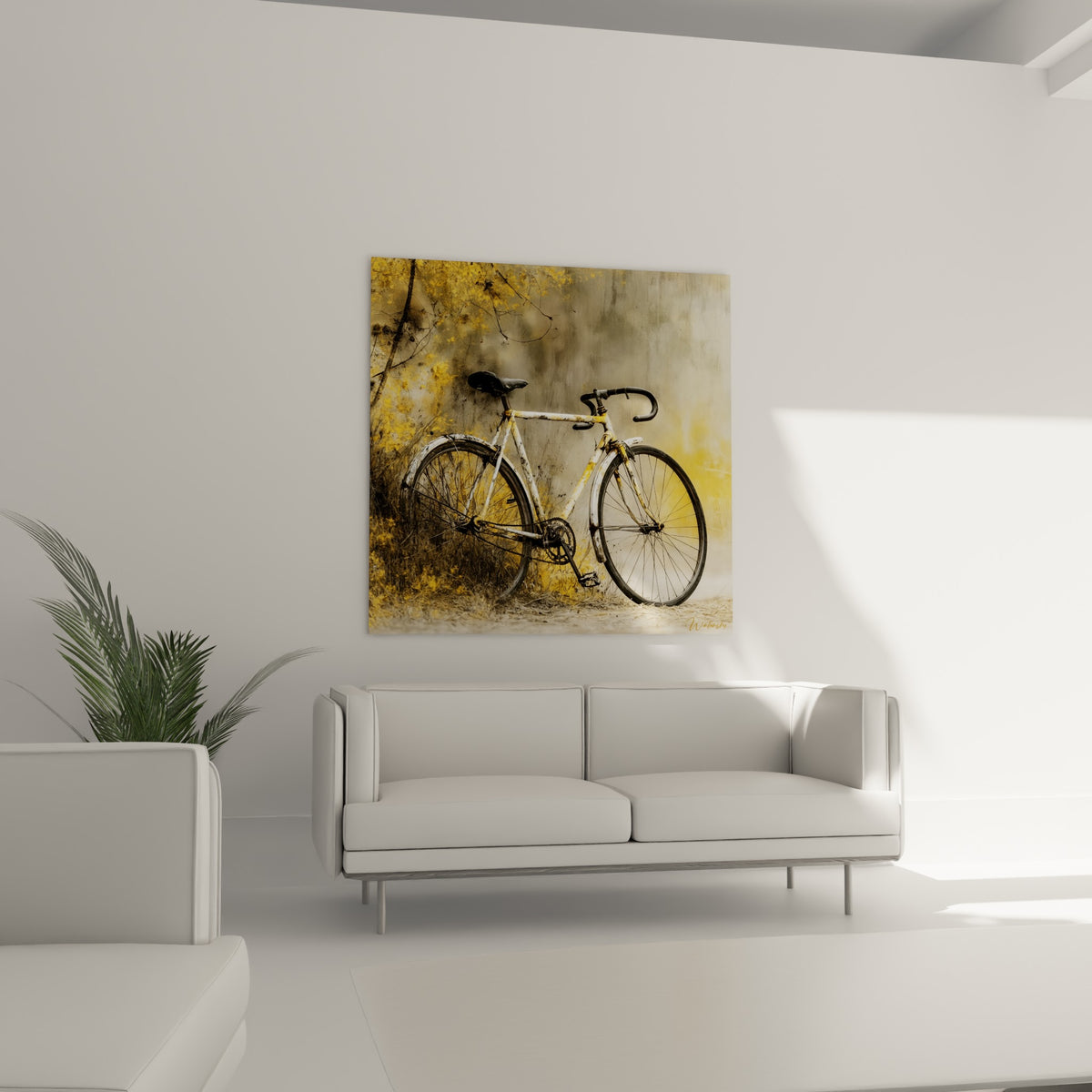 Cycle vintage aux teintes dorées et grises, au-dessus d'un canapé dans un salon lumineux