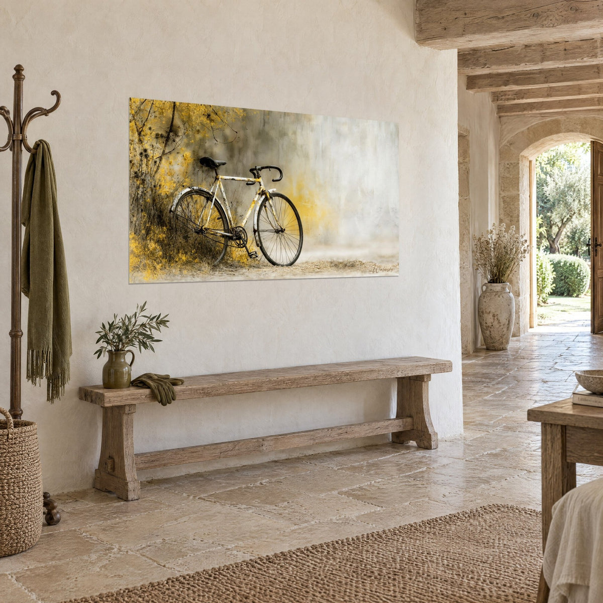 Wall art vintage bicycle leaning against golden dry grasses, textured grey wall, pale stone and wooden bench, three-quarter view