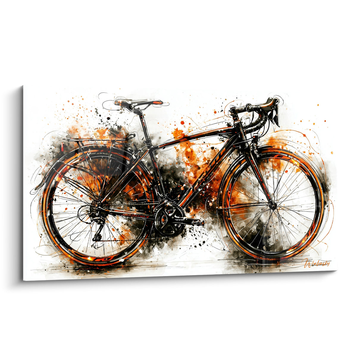 Vélo de route noir et orange en pleine composition éclaboussée, cadre net et coulures d'encre vives