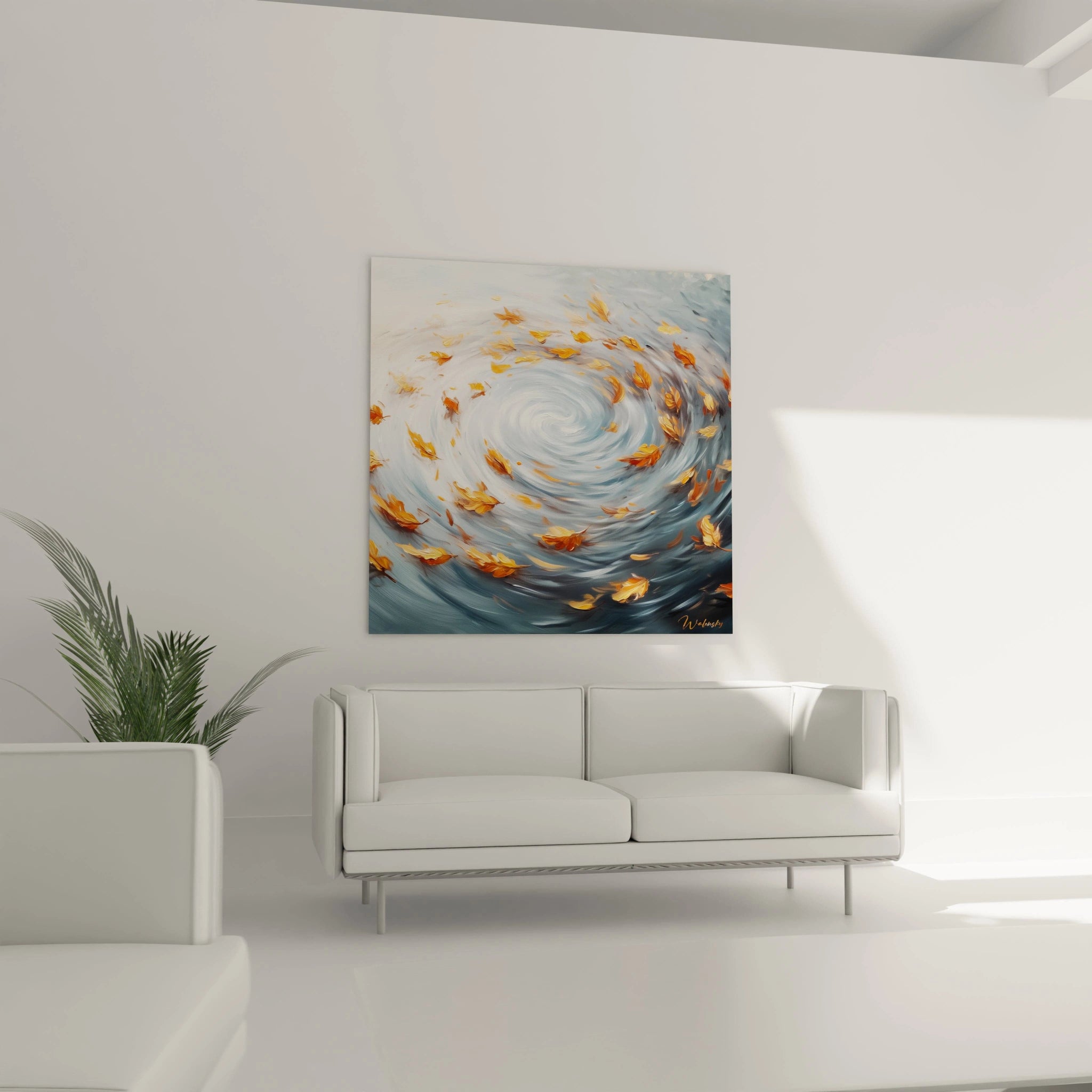 Tableau expressionniste abstrait de Walensky avec des feuilles dorées tournoyant sur un fond bleu