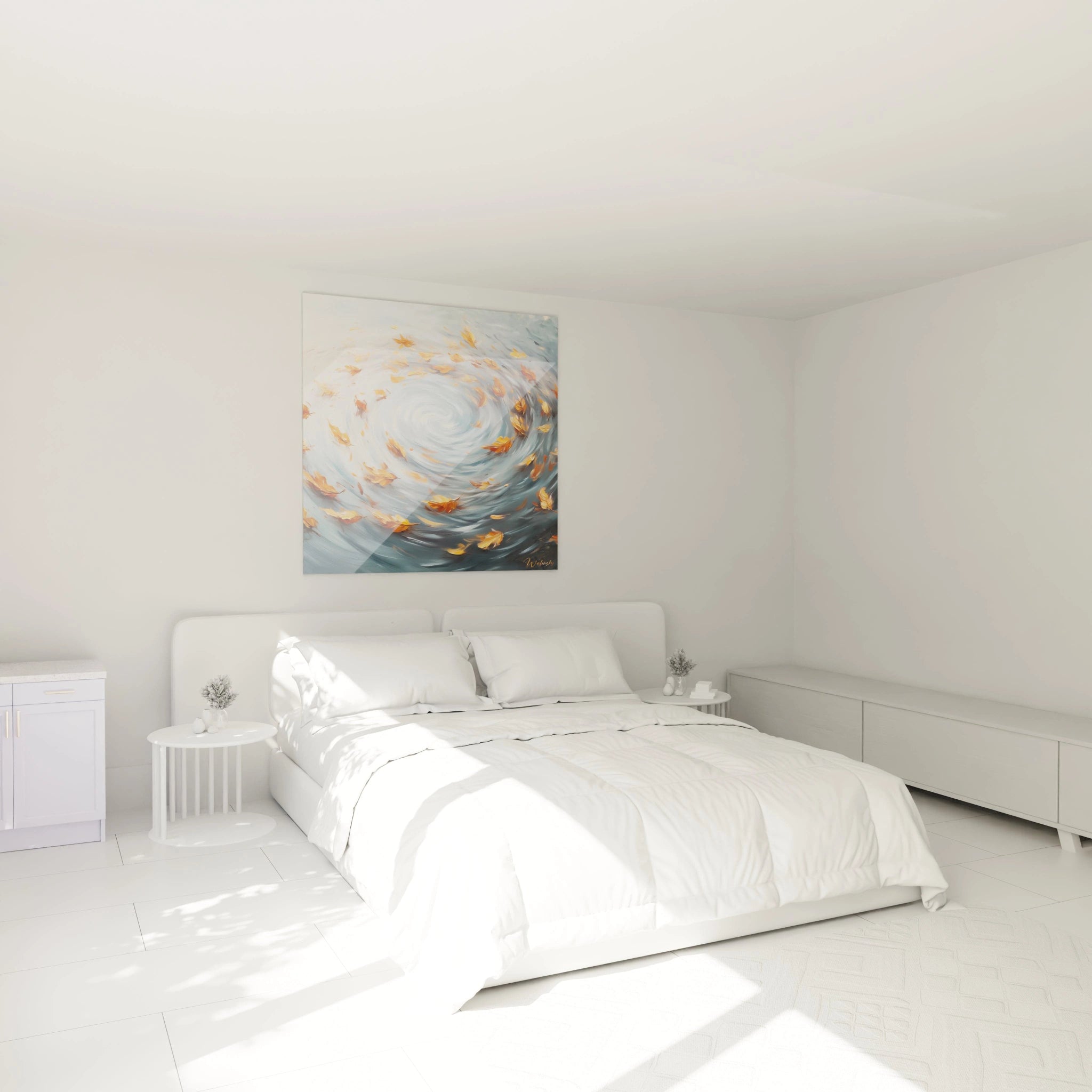 Tableau expressionniste abstrait Walensky avec des feuilles flottantes dans une chambre moderne