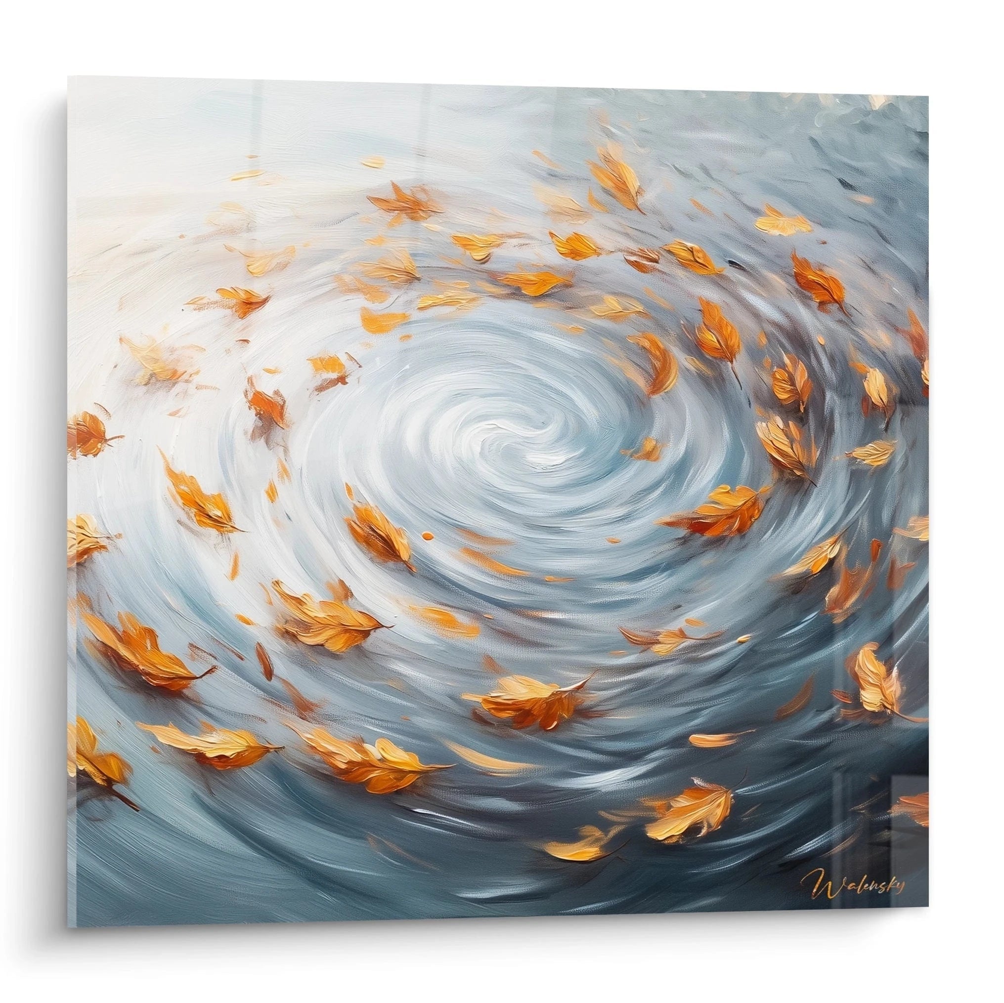 Tableau expressionniste abstrait avec des feuilles d'automne tourbillonnantes dans des tons bleus