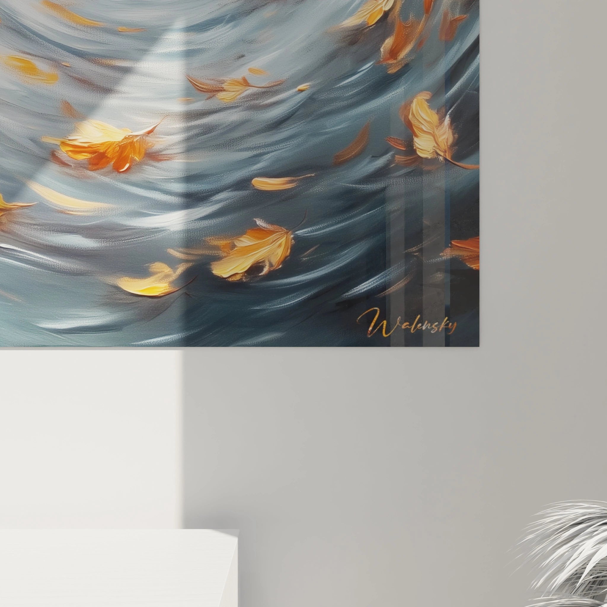 Tableau expressionniste abstrait de Walensky avec des feuilles d'automne flottant sur un fond bleu