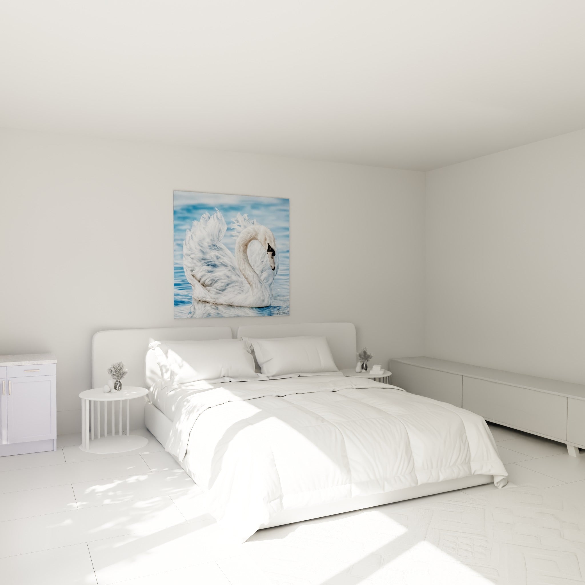 Cygne blanc aux ailes déployées, tons bleu pastel et gris, au-dessus d'un lit dans une chambre claire