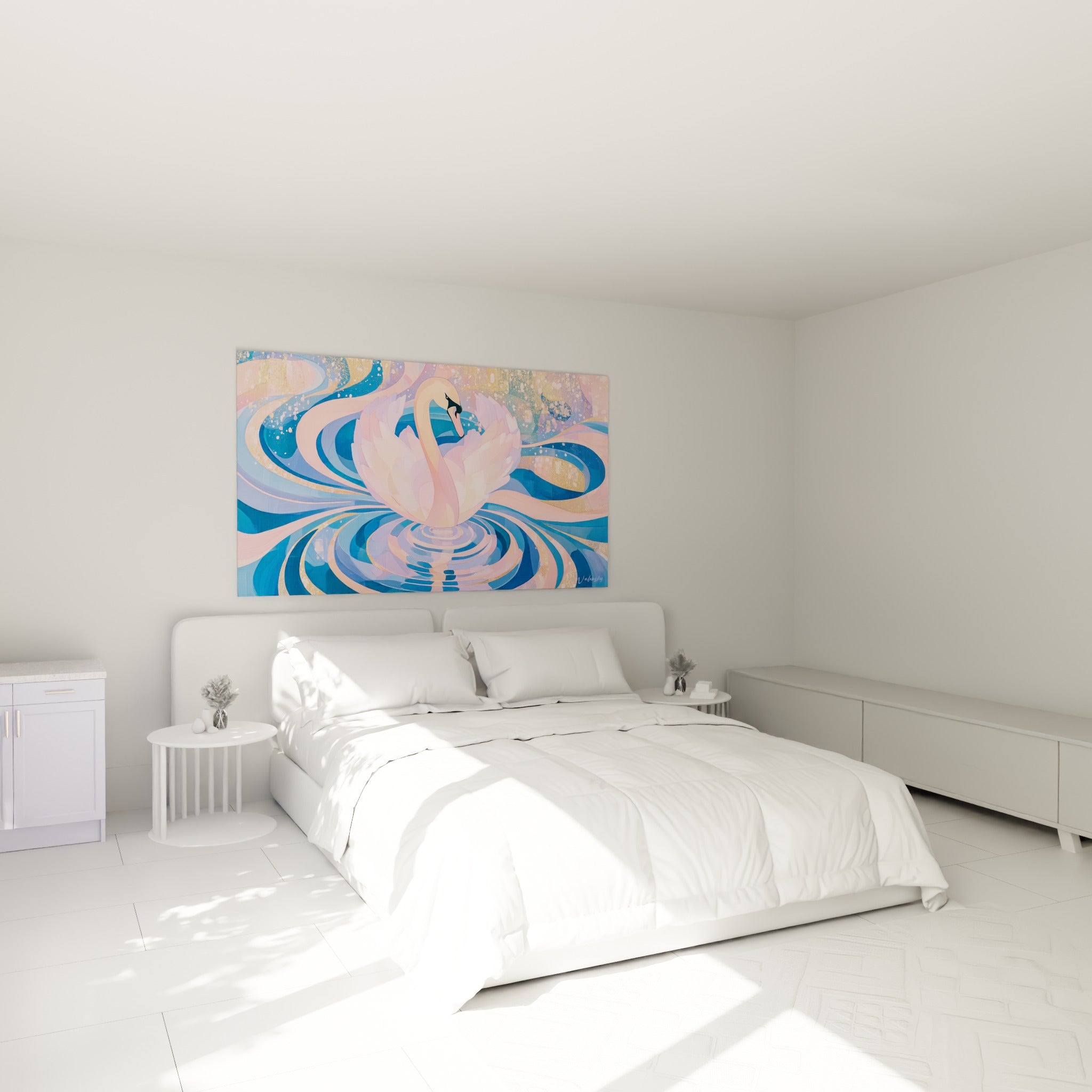 Ailes roses et reflets dorés du cygne surplombent un lit dans une chambre claire