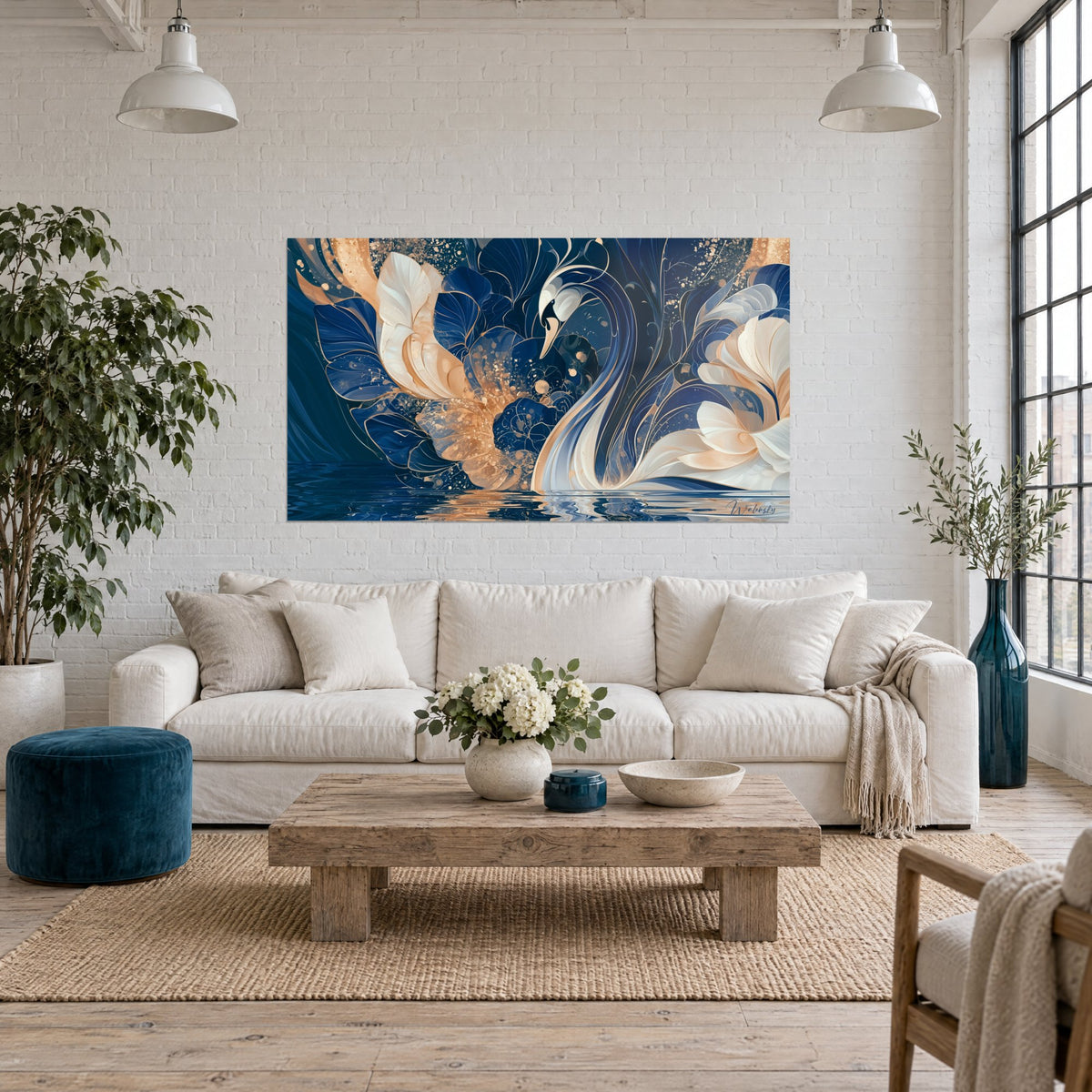 Tableau cygne au cou arqué dans des pétales bleu marine et ivoire, éclats dorés, au-dessus d'un canapé dans un salon lumineux