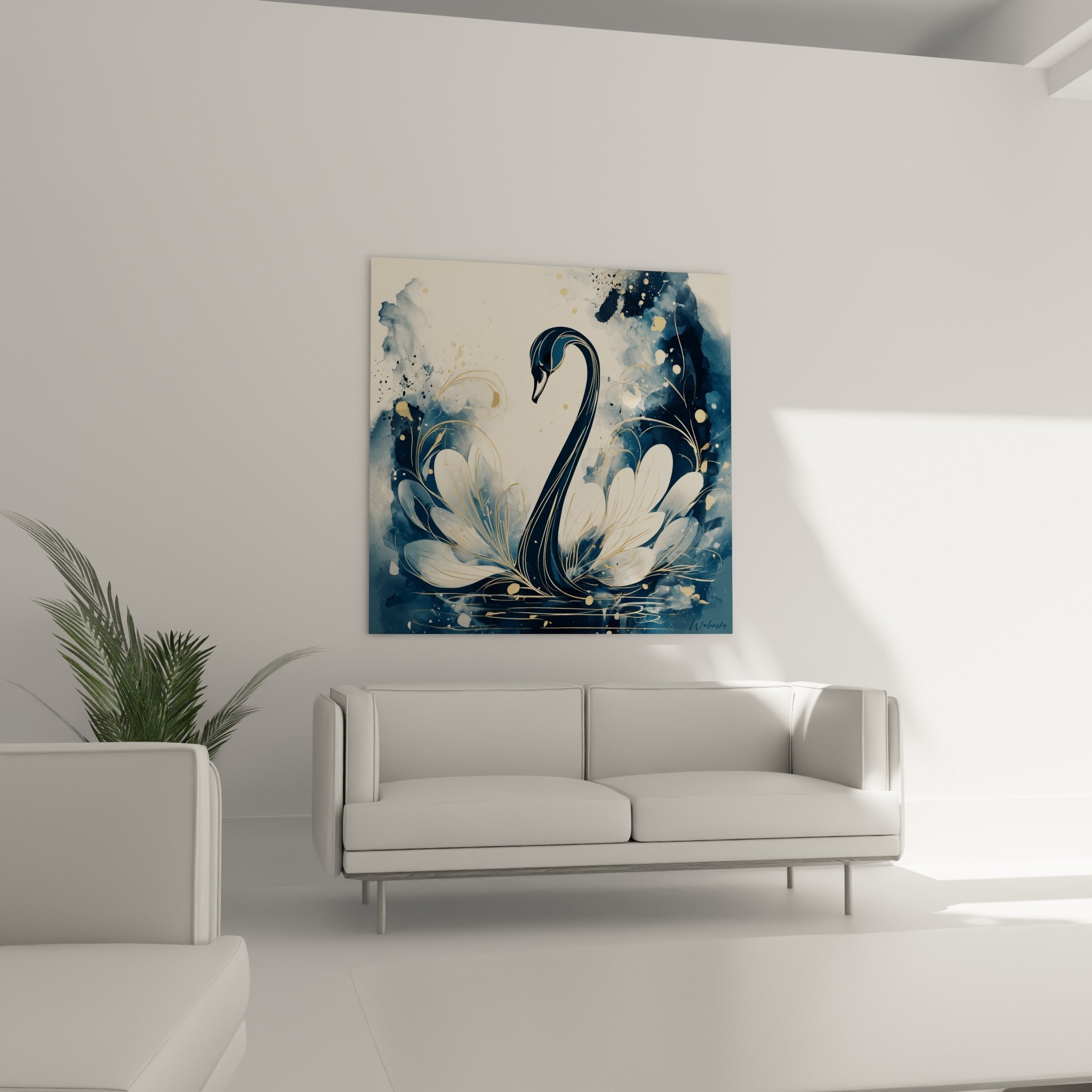 Oiseau gracieux aux tons ivoire et bleu marine, accroché au-dessus d'un canapé dans un salon lumineux
