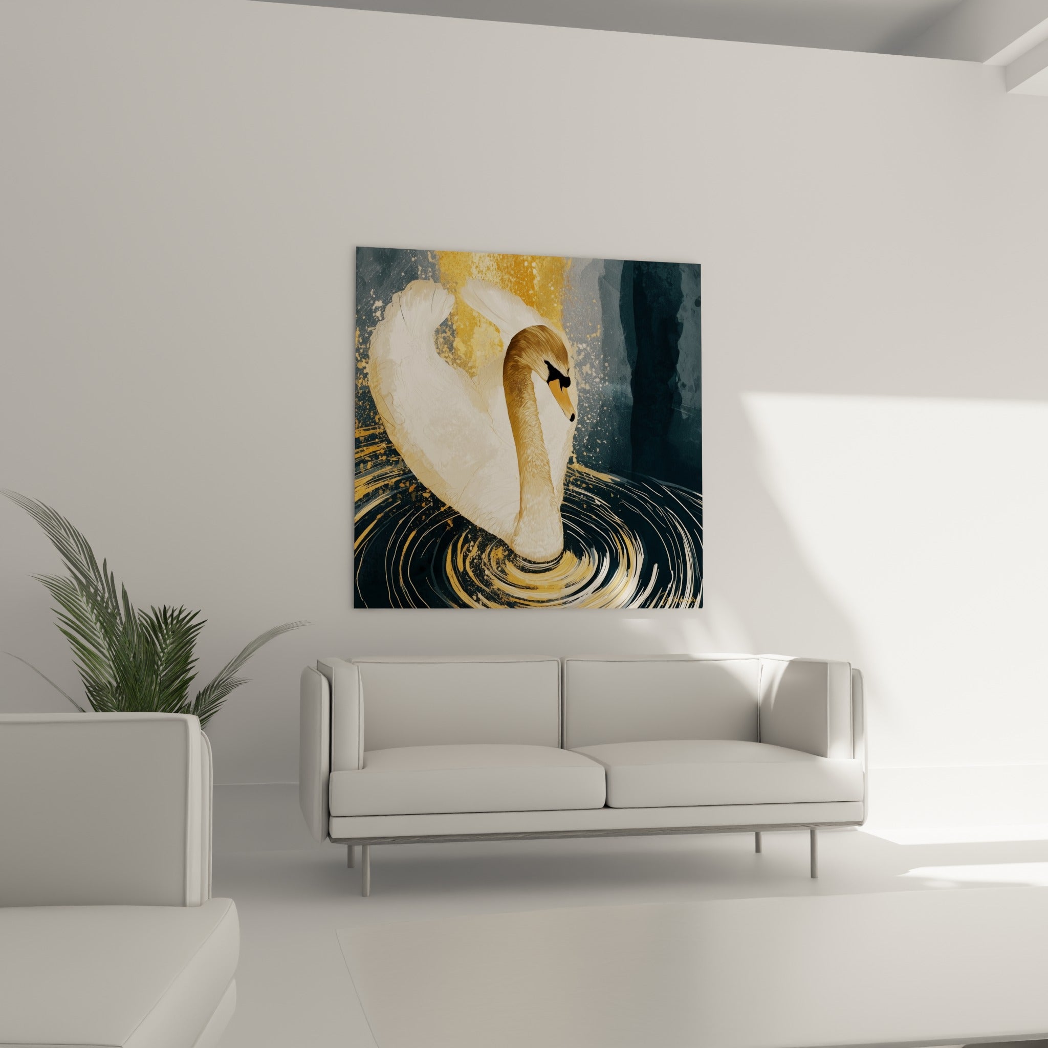 Cygne blanc aux reflets ocre au-dessus d'un canapé dans un salon lumineux