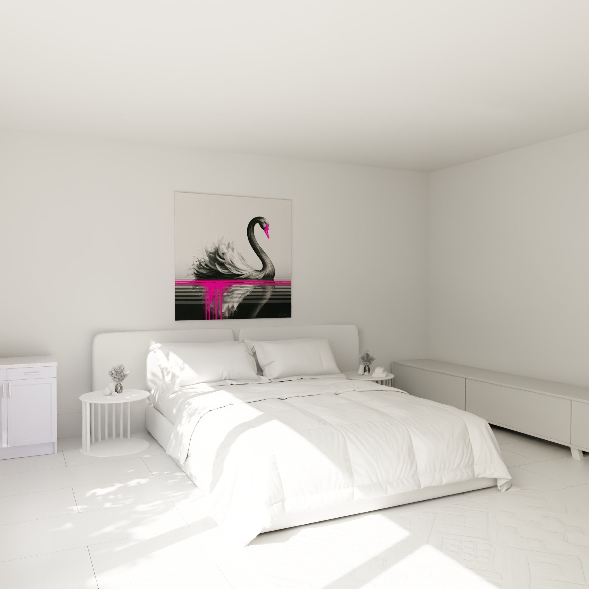 Silhouette de cygne anthracite au bec rose vif, accrochée au-dessus d'un lit dans une chambre claire