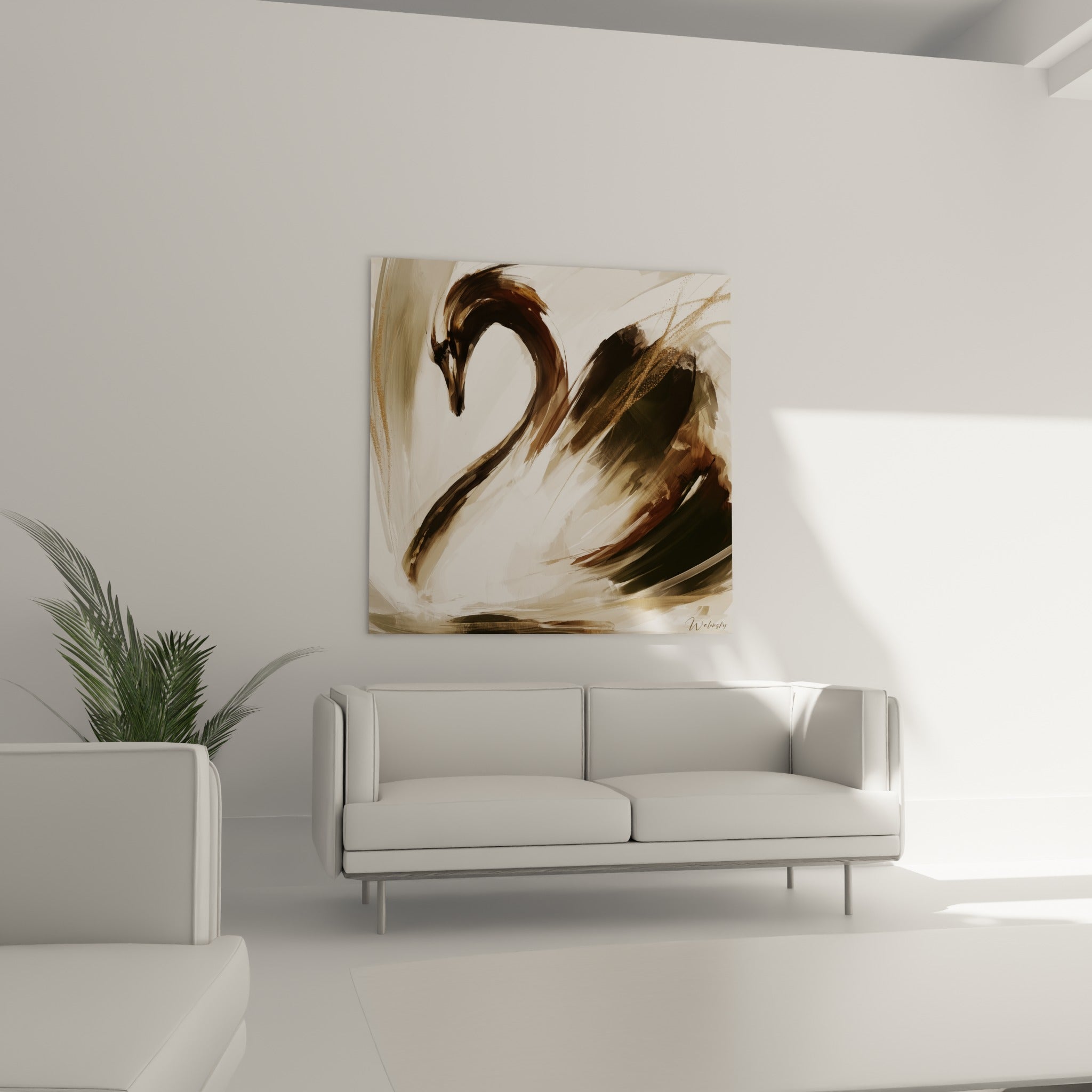 Oiseau au plumage brun et ivoire, geste pictural ample, au-dessus d'un canapé dans un salon lumineux