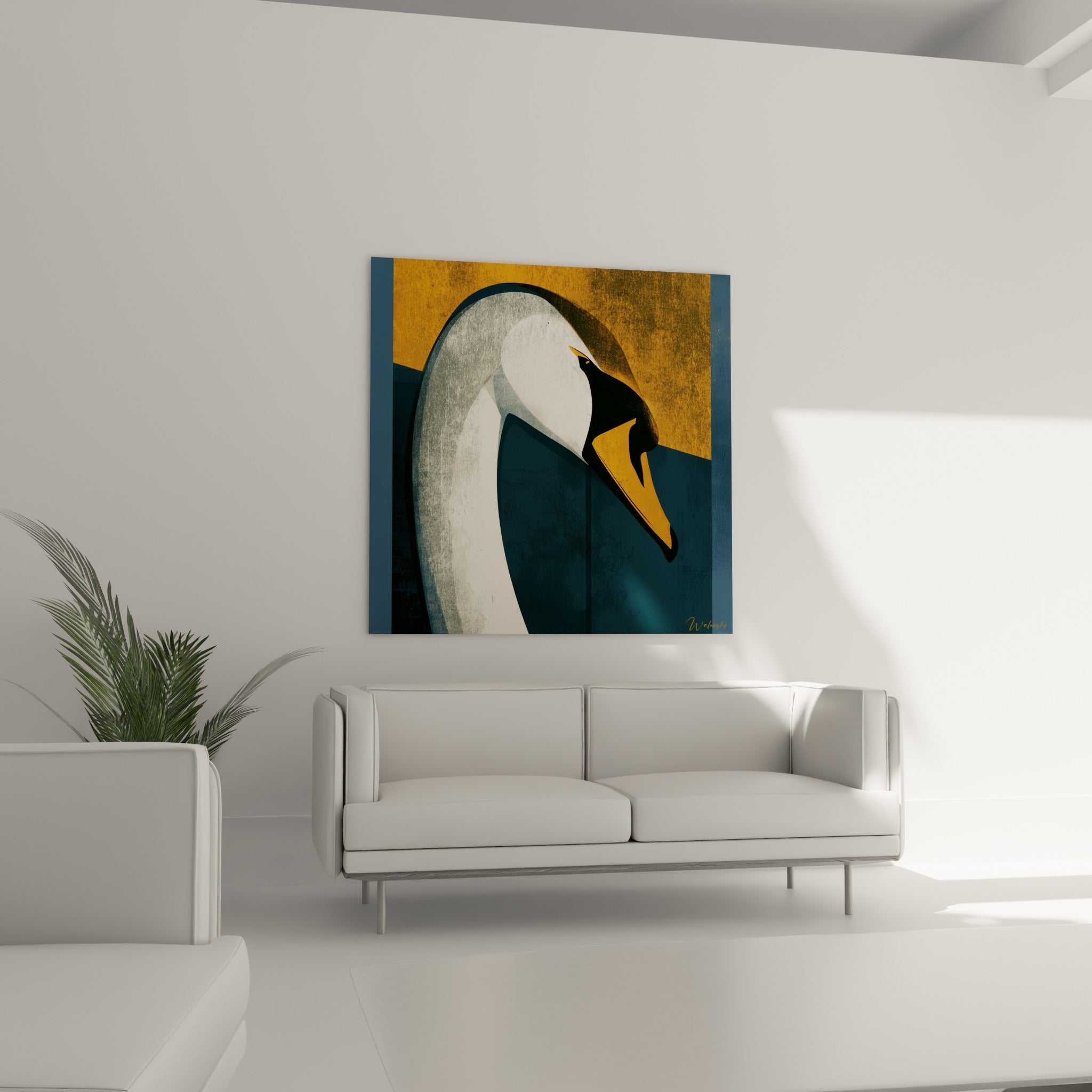 Cygne stylisé aux teintes ocre et bleu marine, au-dessus d'un canapé dans un salon lumineux