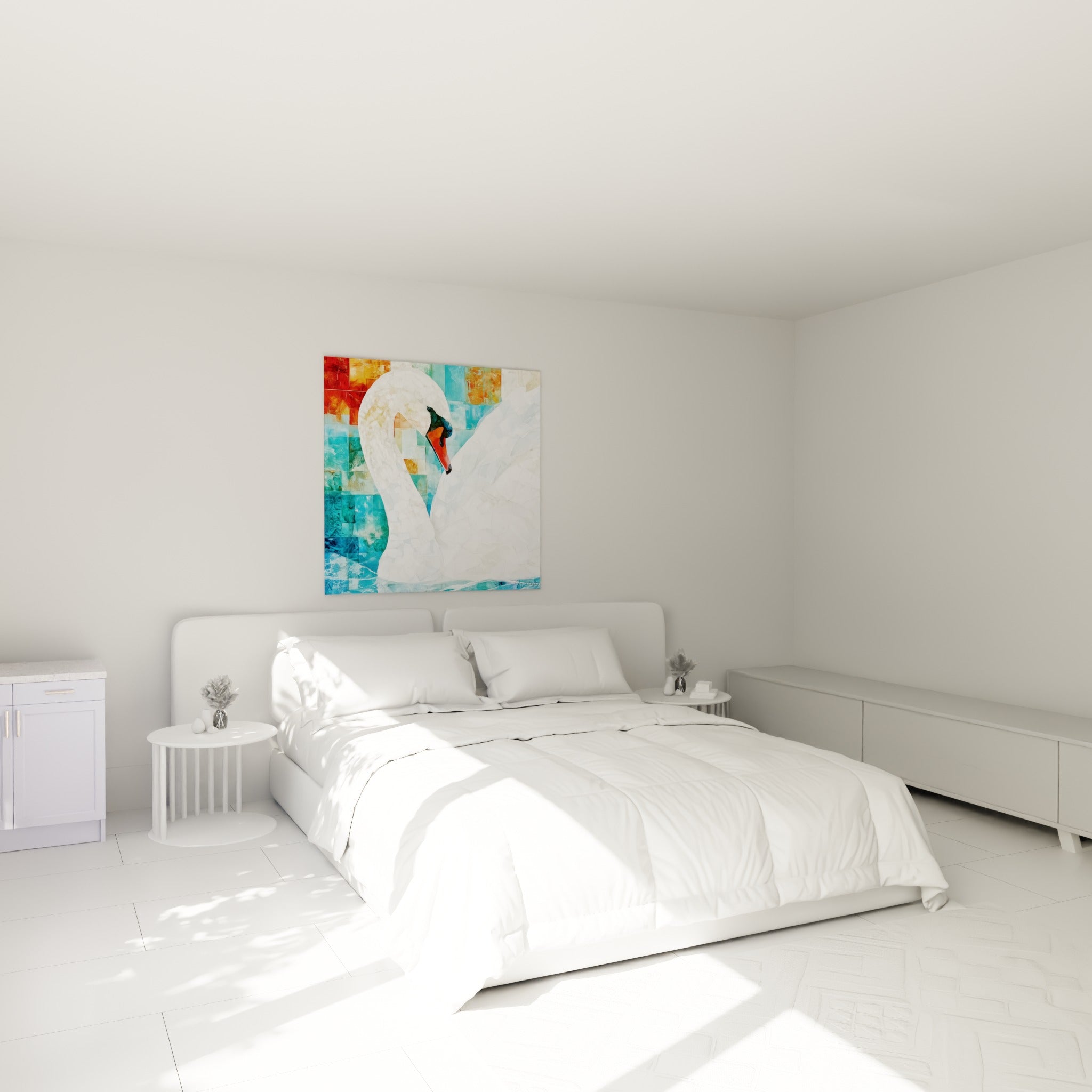 Silhouette de cygne blanc et corail dans un décor turquoise, au-dessus d'un lit dans une chambre claire