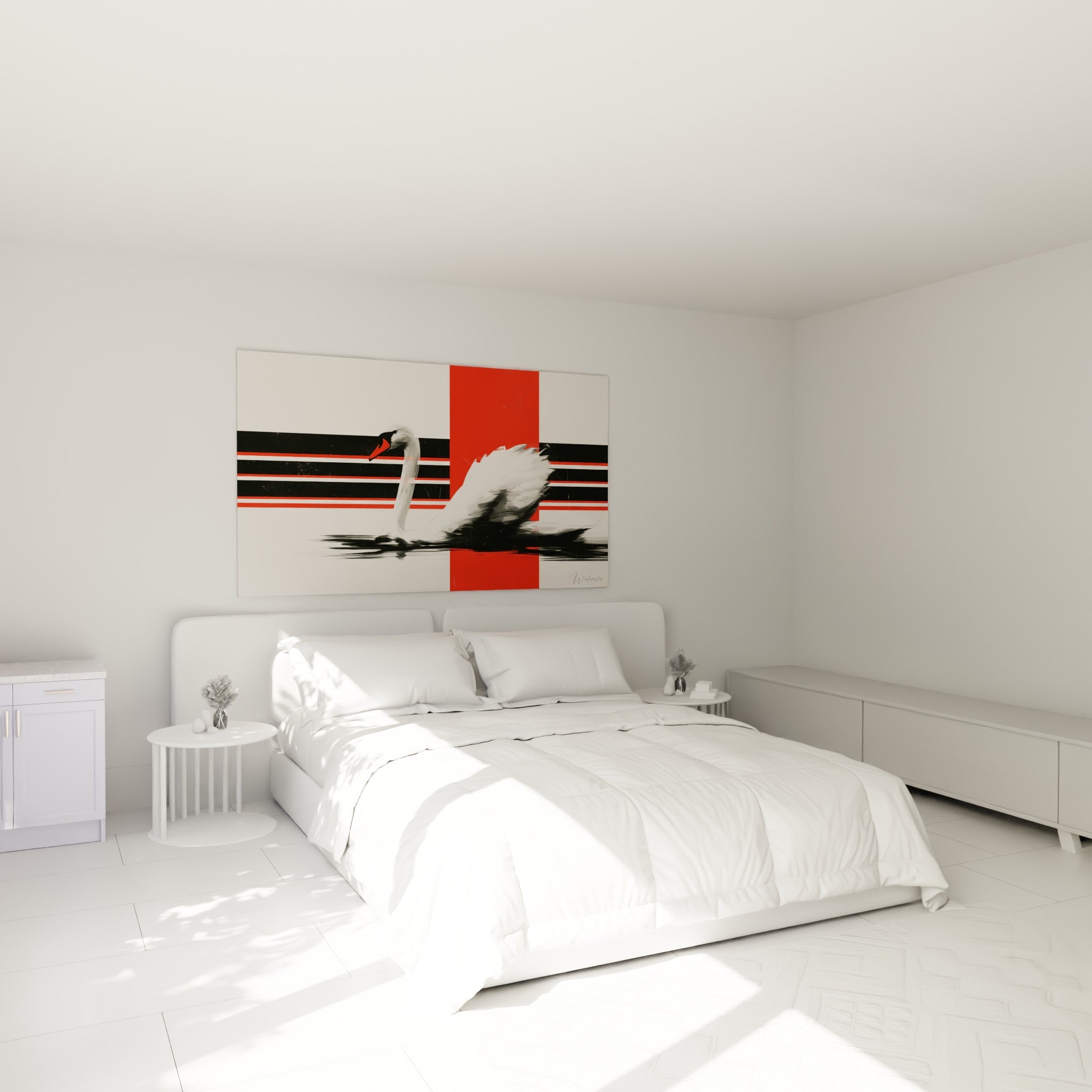Silhouette de cygne blanc et rouge glissant sur eau sombre, au-dessus d'un lit dans une chambre claire