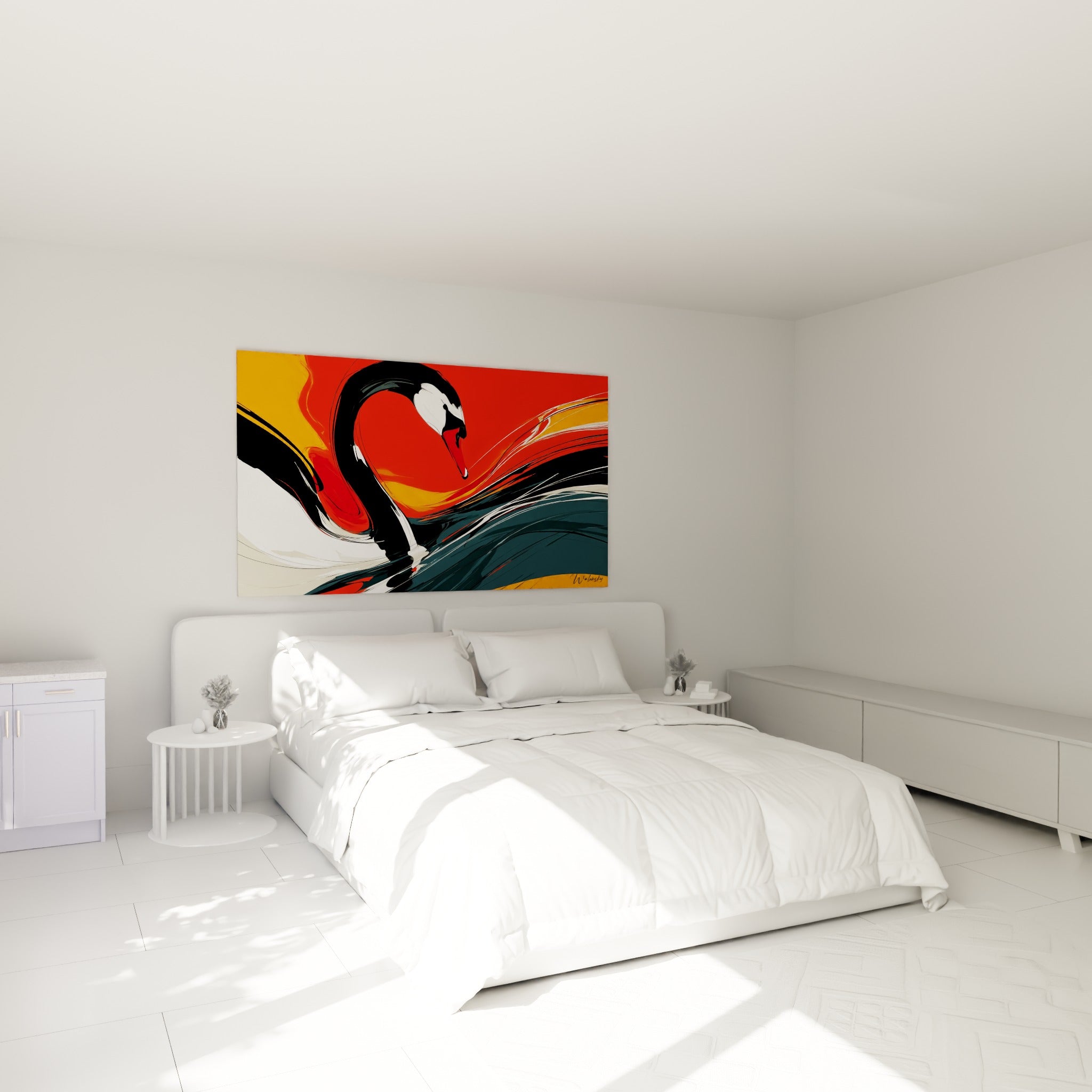 Silhouette de cygne noir sur fond rouge vif et bleu-vert, accrochée au-dessus d'un lit dans une chambre claire