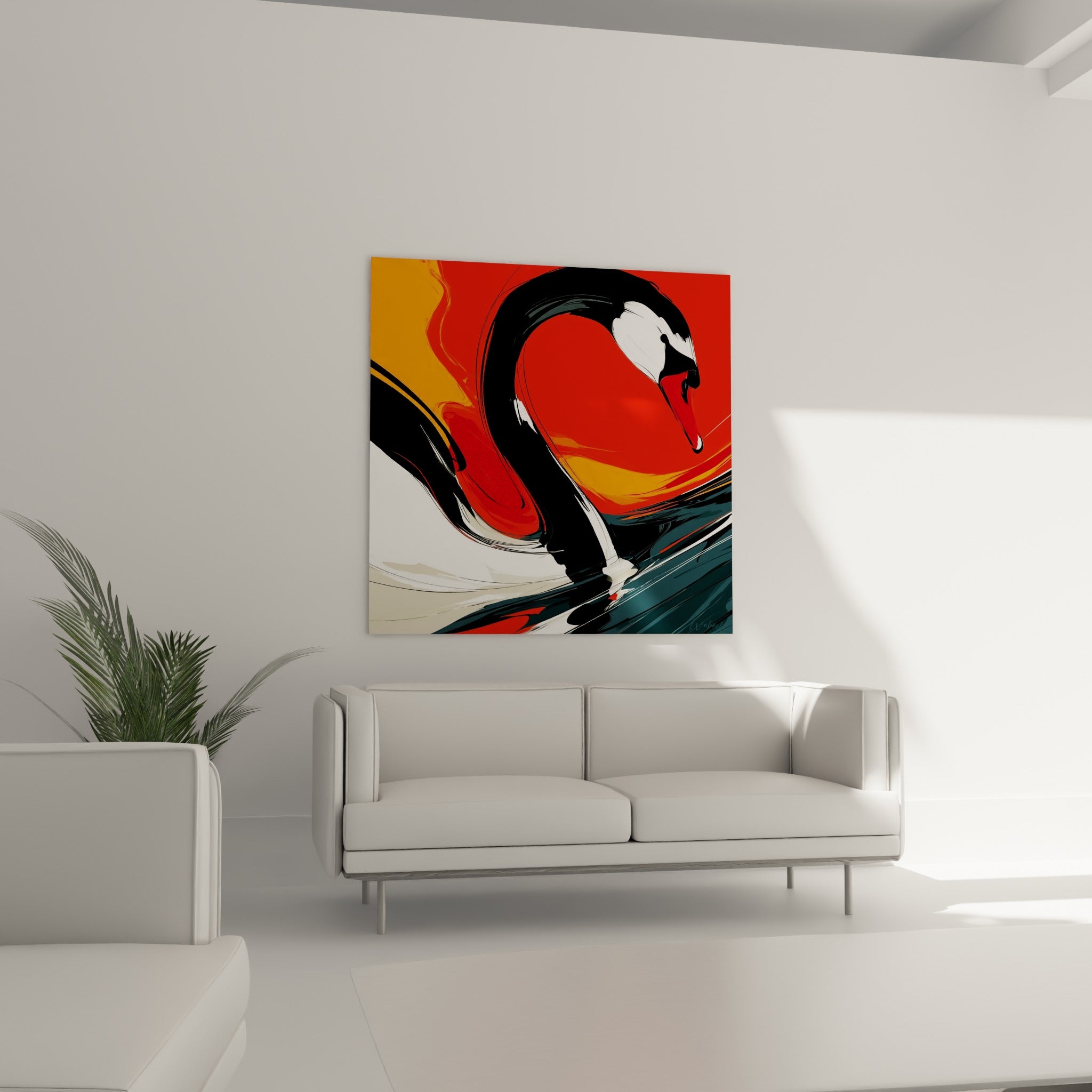 Long cou noir du cygne courbé devant un ciel rouge et orangé, au-dessus d'un canapé dans un salon lumineux