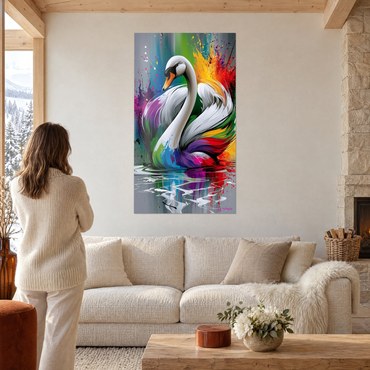 Tableau cygne blanc au long cou courbé, ailes éclaboussées de violet et d'orange, au-dessus d'un canapé dans un salon lumineux