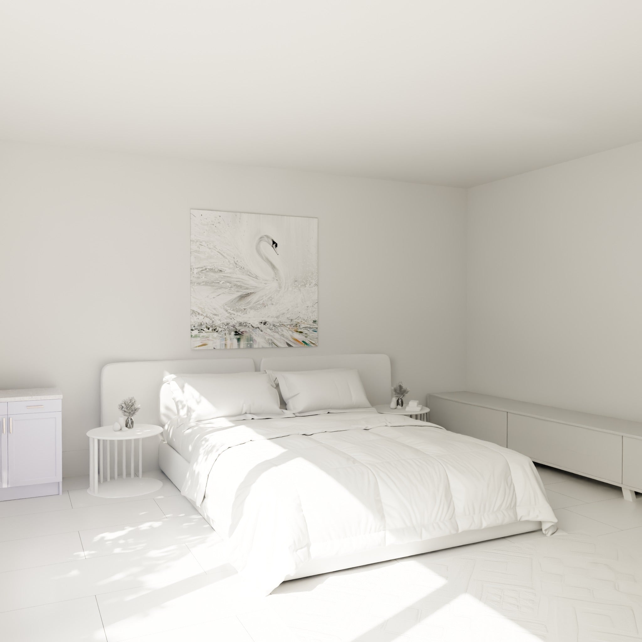 Cou courbé du cygne blanc et gris anthracite, accroché au-dessus d'un lit dans une chambre claire