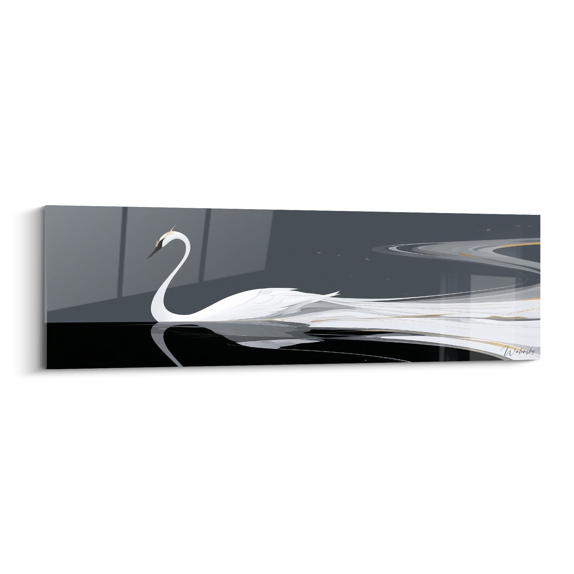 Cygne blanc glissant sur une eau anthracite aux reflets dorés, silhouette épurée et lumineuse