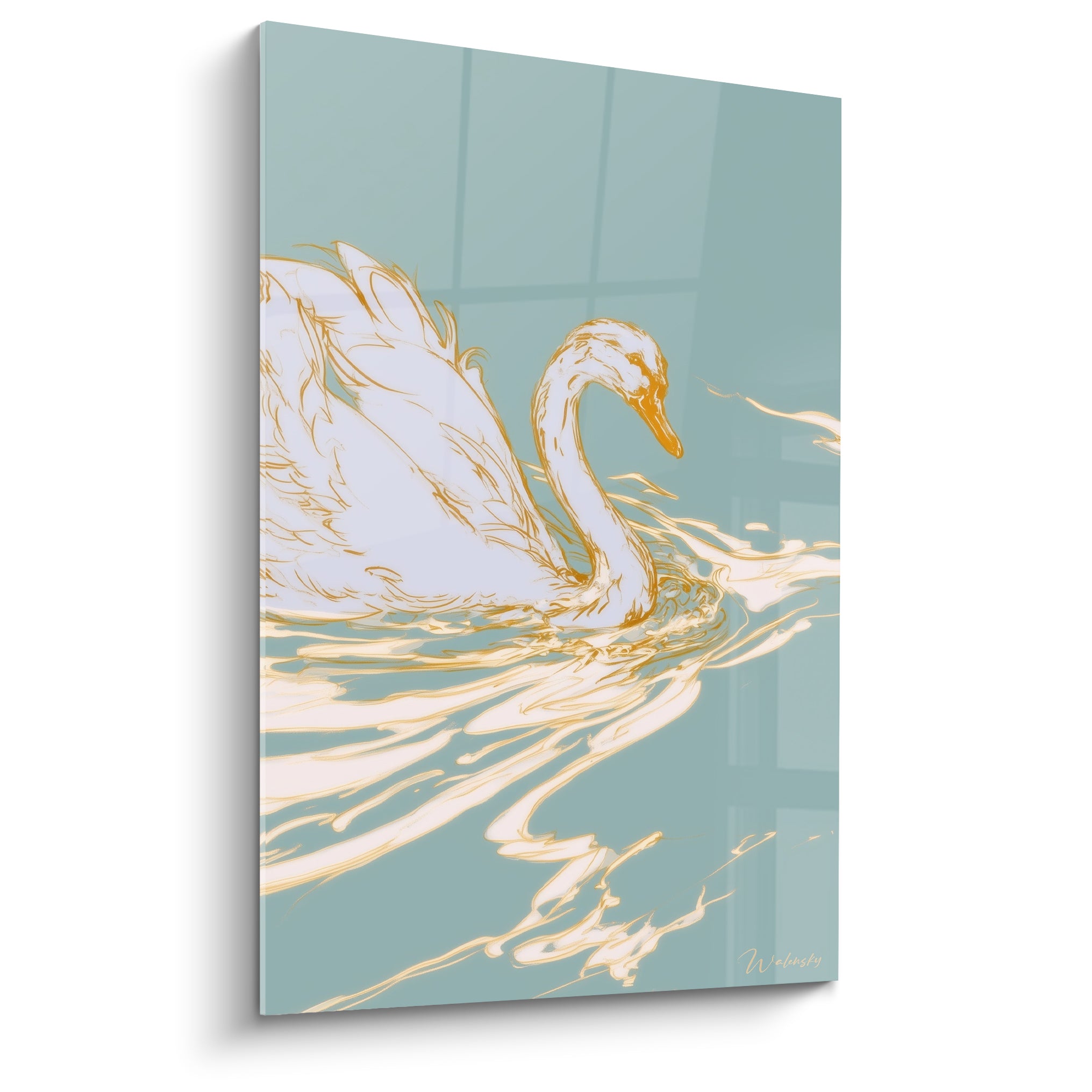 Cygne blanc au cou gracieux, plumage doré, glissant sur une eau turquoise lumineuse