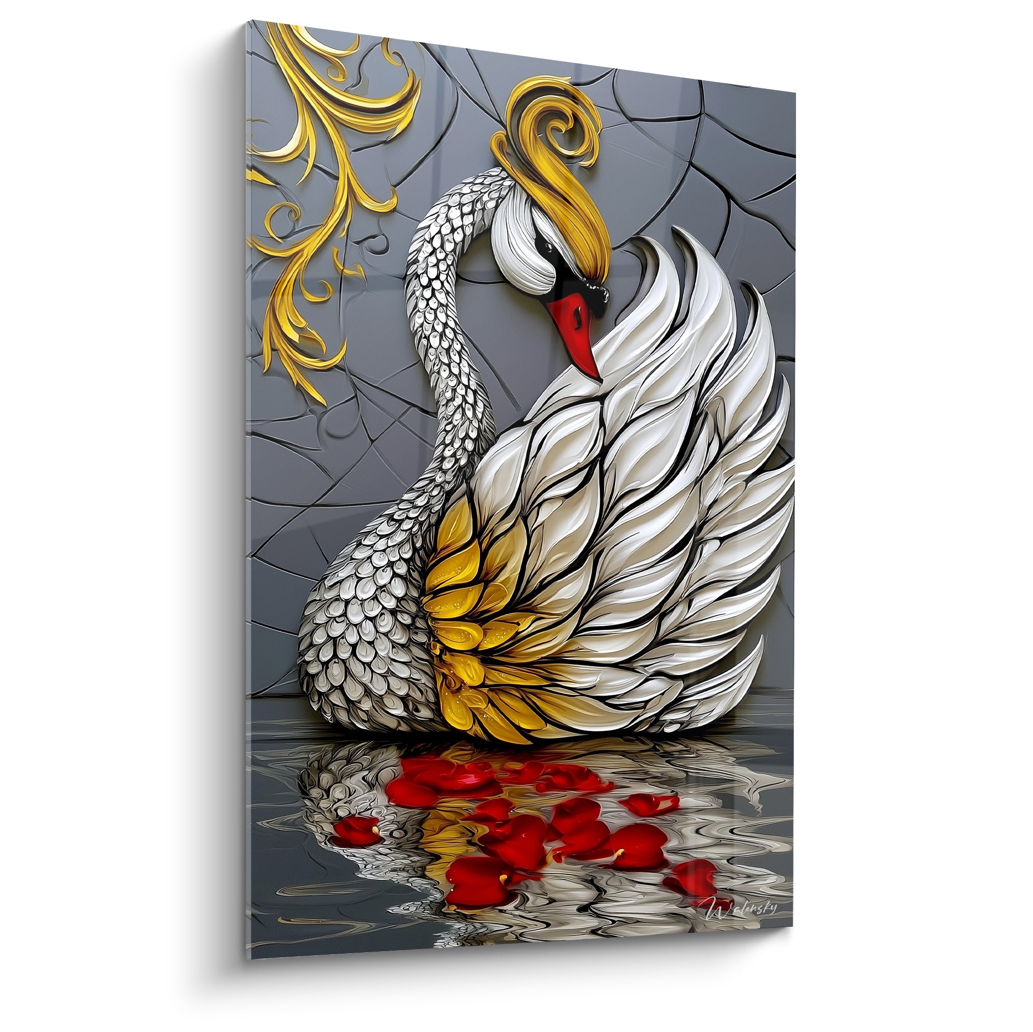 Cygne blanc au cou gracile, plumage nacré et crête dorée sur fond gris anthracite fissuré