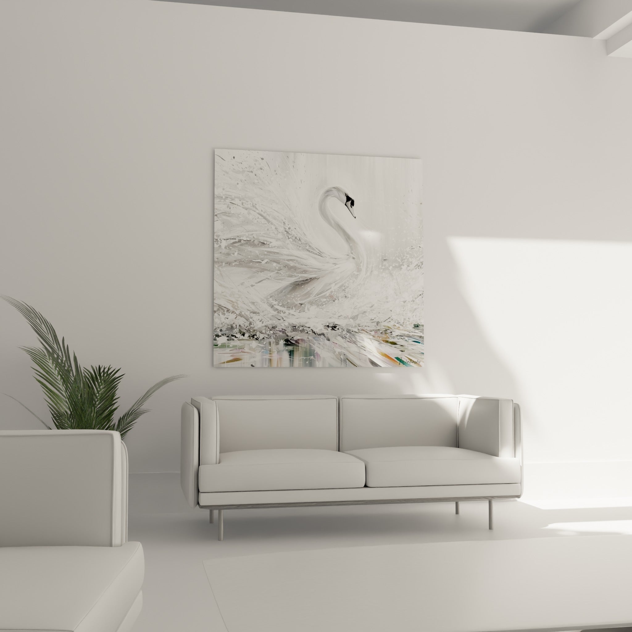 Silhouette élancée du cygne blanc aux touches ocre et bleutées, au-dessus d'un canapé dans un salon lumineux