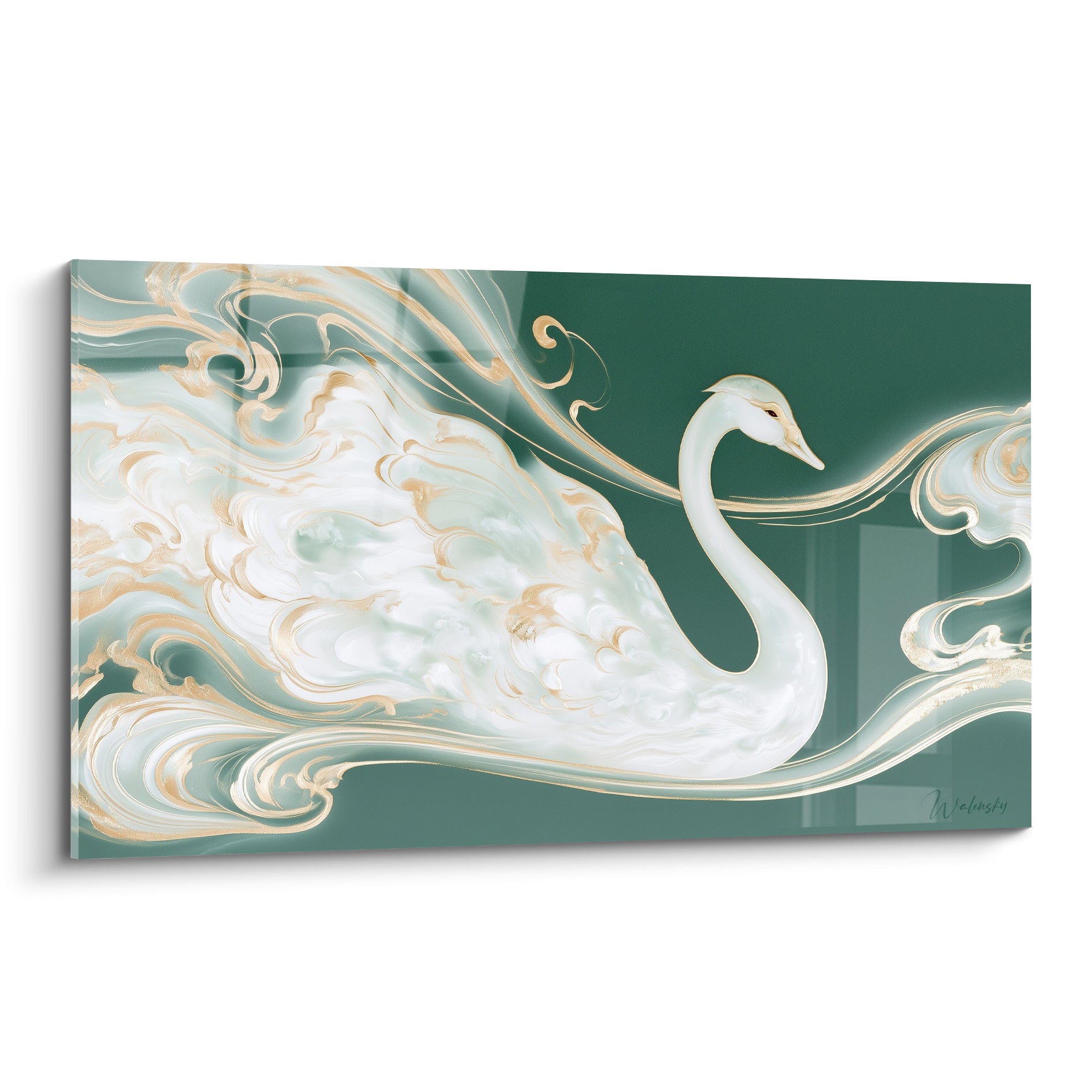 Cygne blanc aux plumes dorées ondulantes sur fond vert émeraude profond, technique marbrée fluide