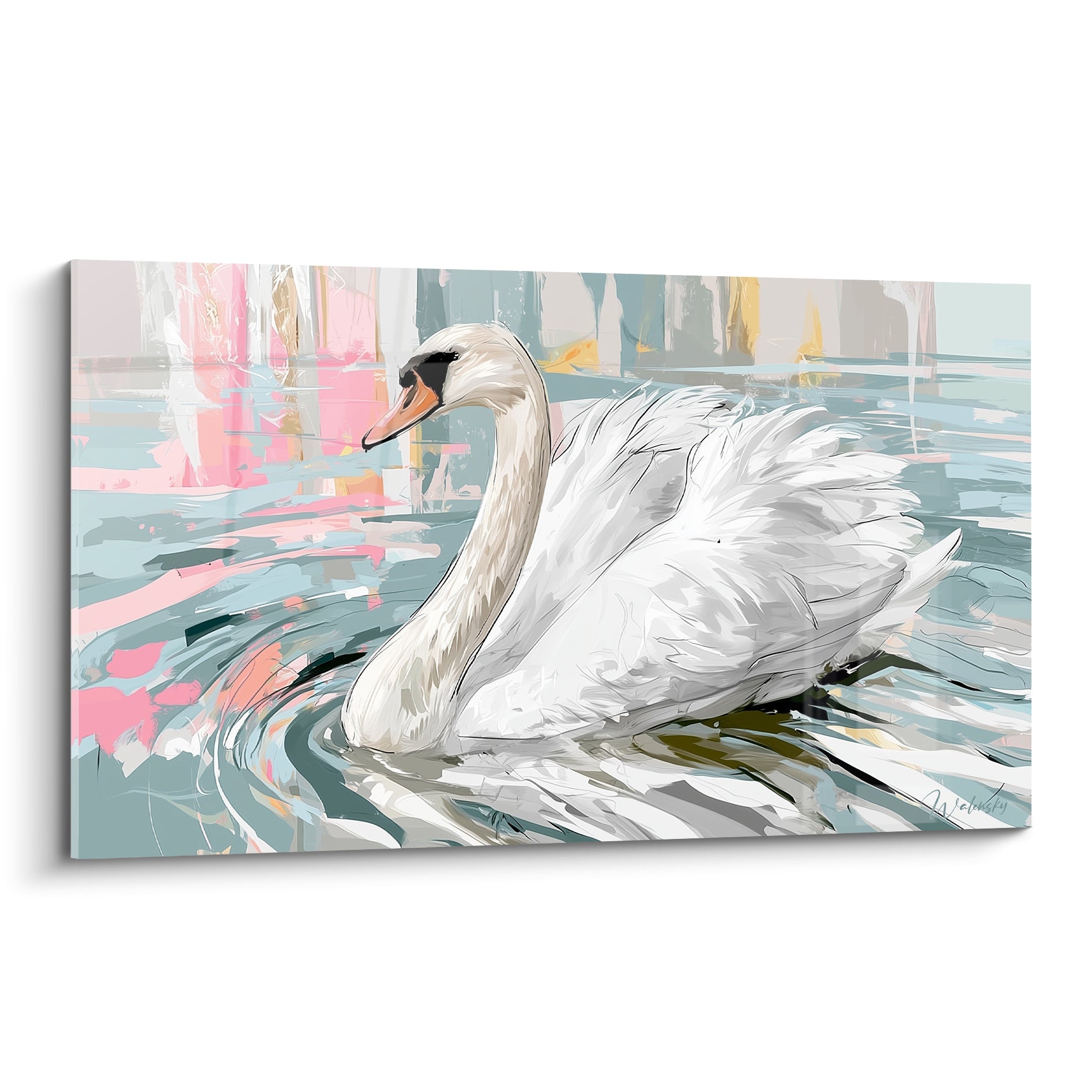 Cygne blanc au bec orange glissant sur une eau bleu gris et fond rose pastel abstrait