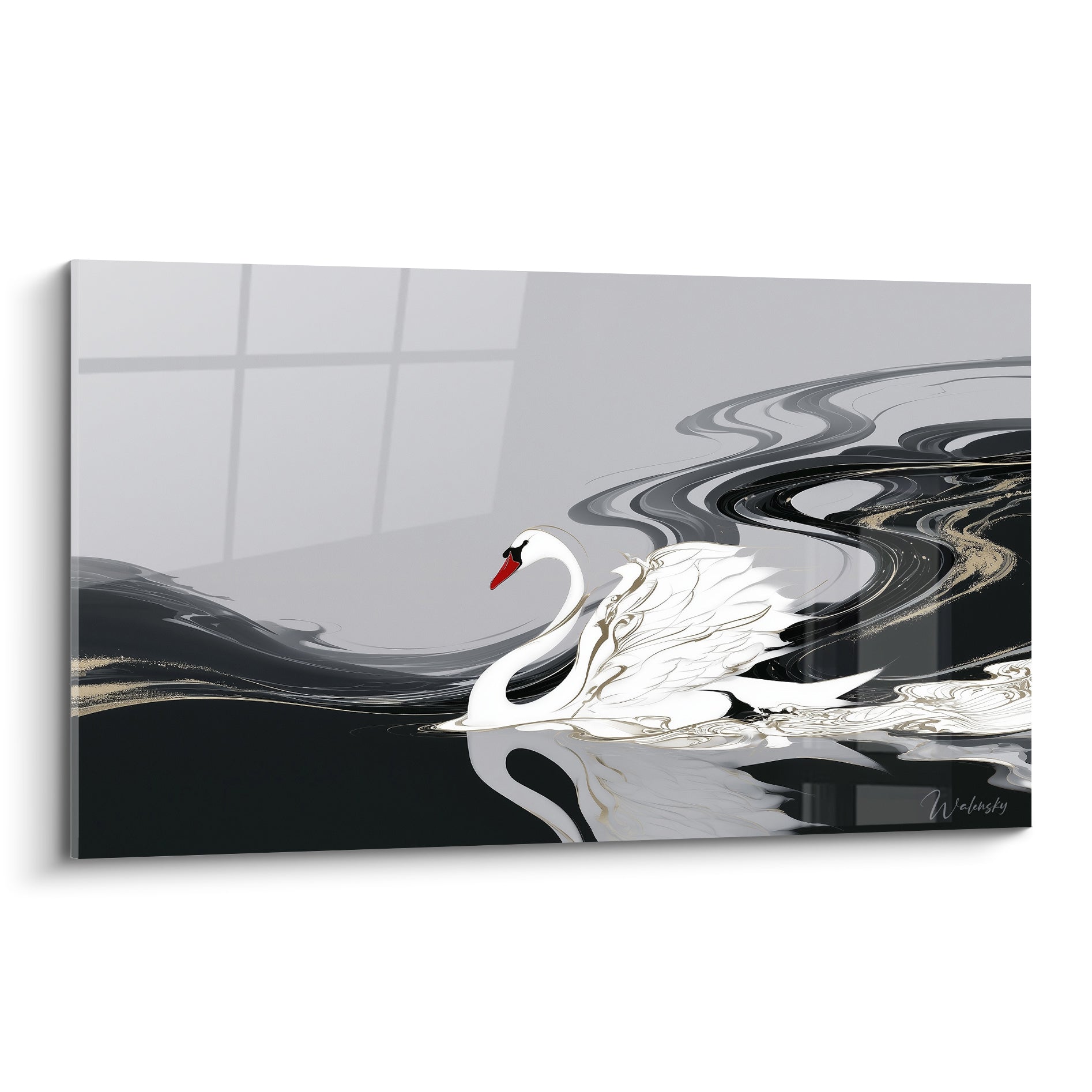 Cygne blanc au bec rouge glissant sur une eau noire et dorée marbrée
