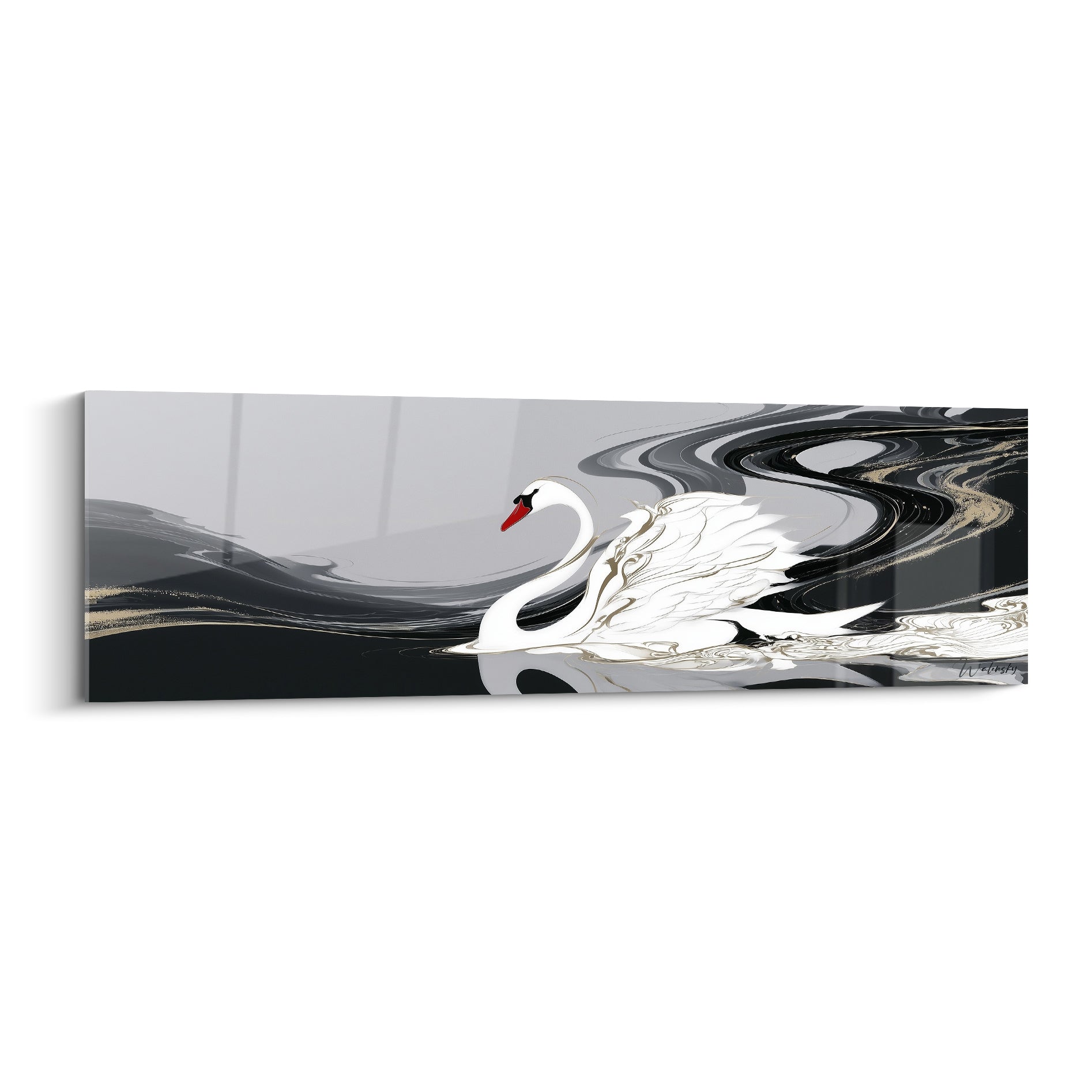 Cygne blanc au bec rouge glissant sur des eaux marbrées anthracite et dorées