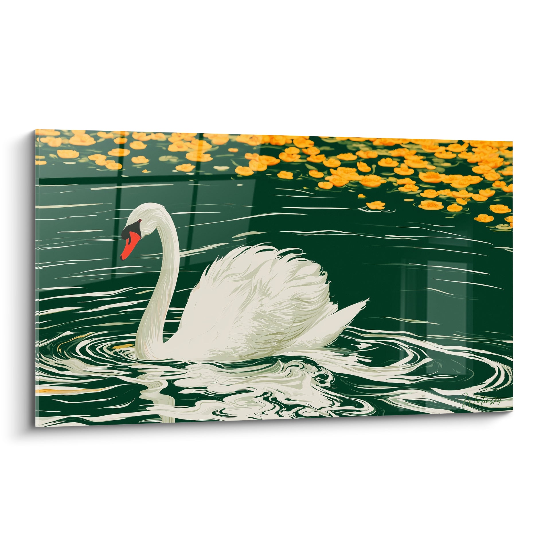 Cygne blanc au cou arqué glissant sur une eau vert émeraude parsemée de nénuphars dorés