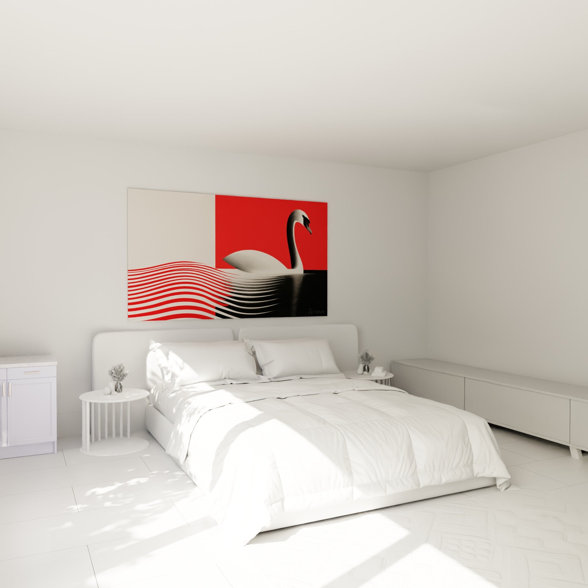 Silhouette de cygne blanc et rayures rouges accrochée au-dessus d'un lit dans une chambre claire