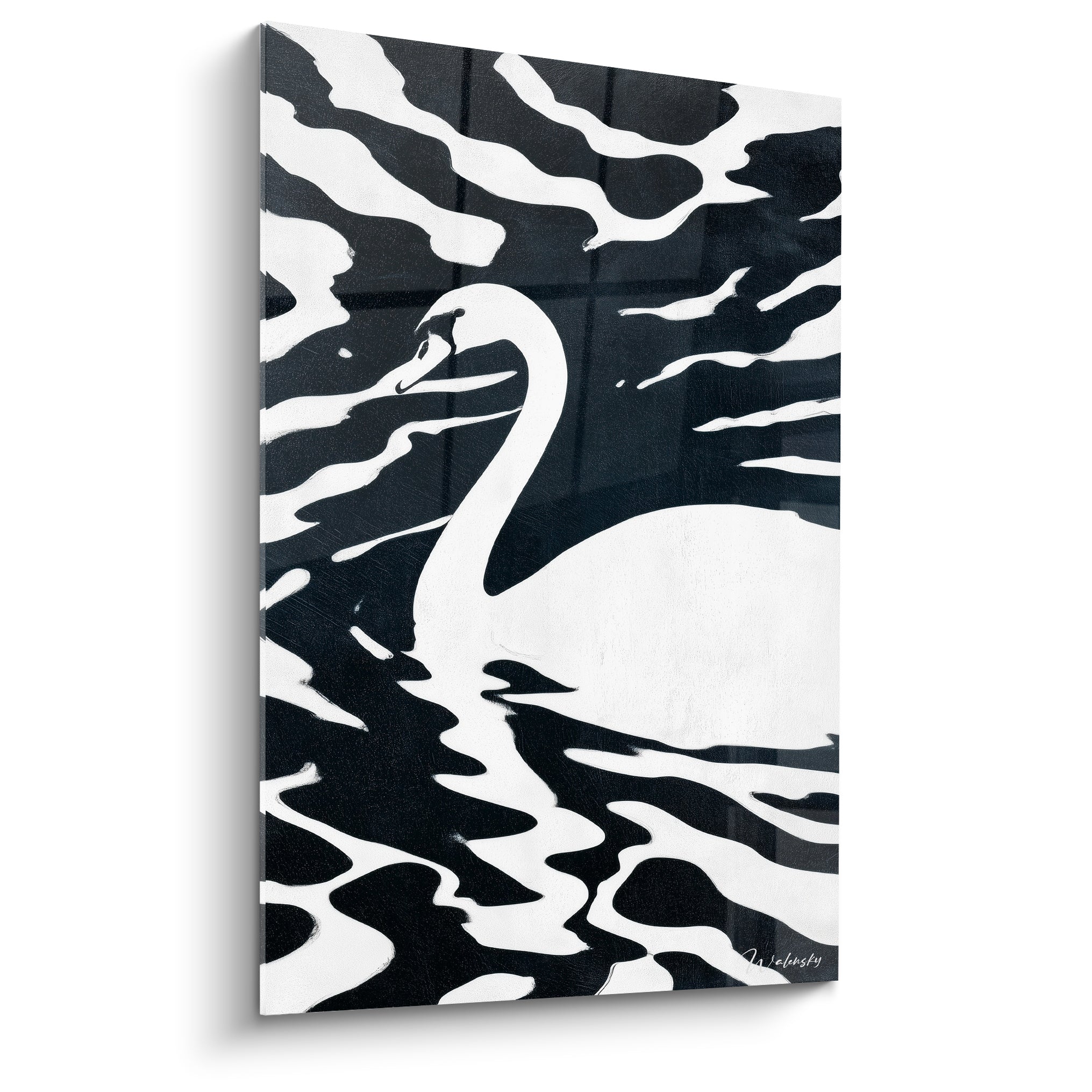 Cygne blanc de profil sur fond noir et blanc aux vagues graphiques ondulées