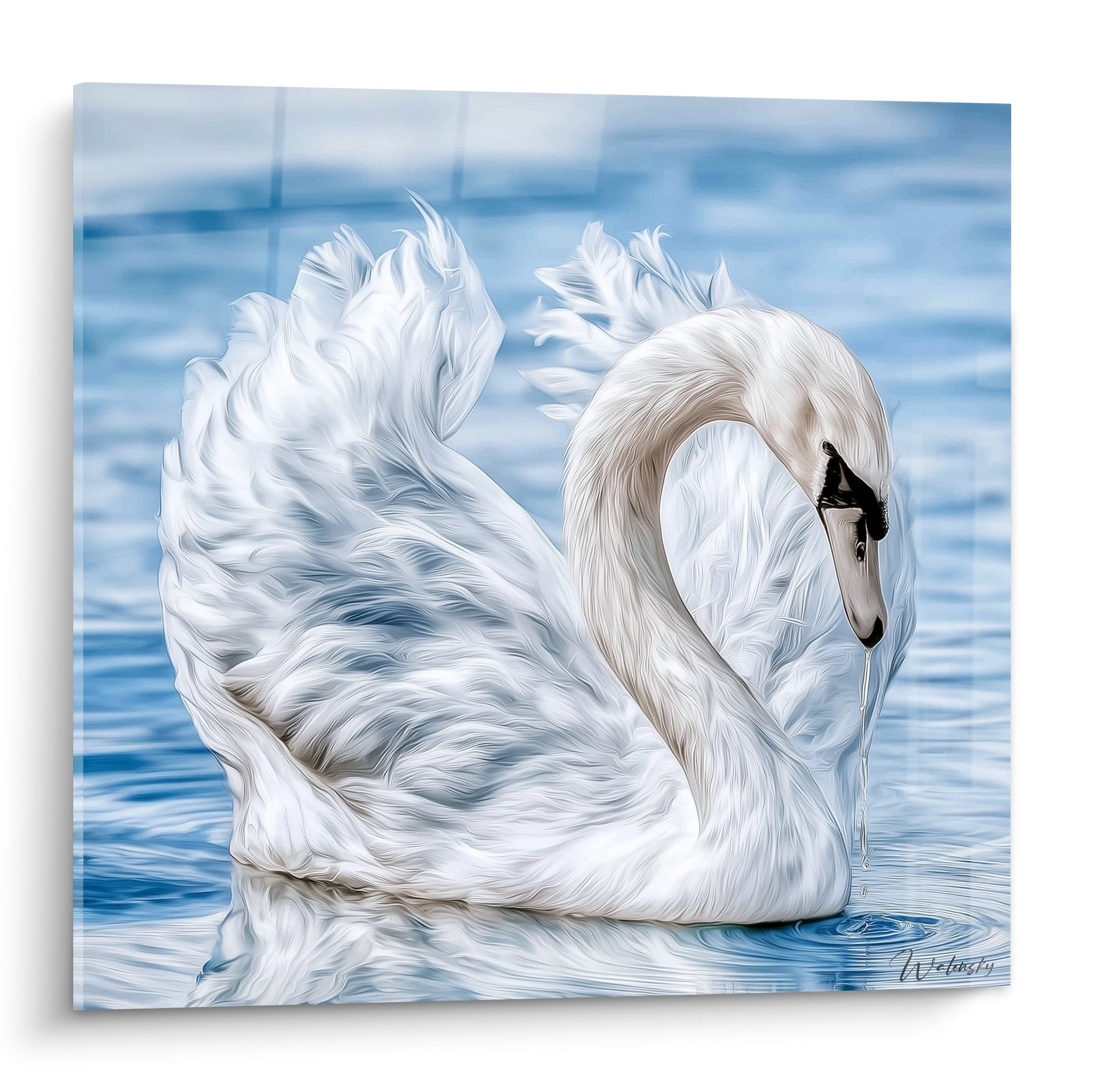 Cygne blanc au cou courbé, plumage texturé, eau bleu pastel en arrière-plan
