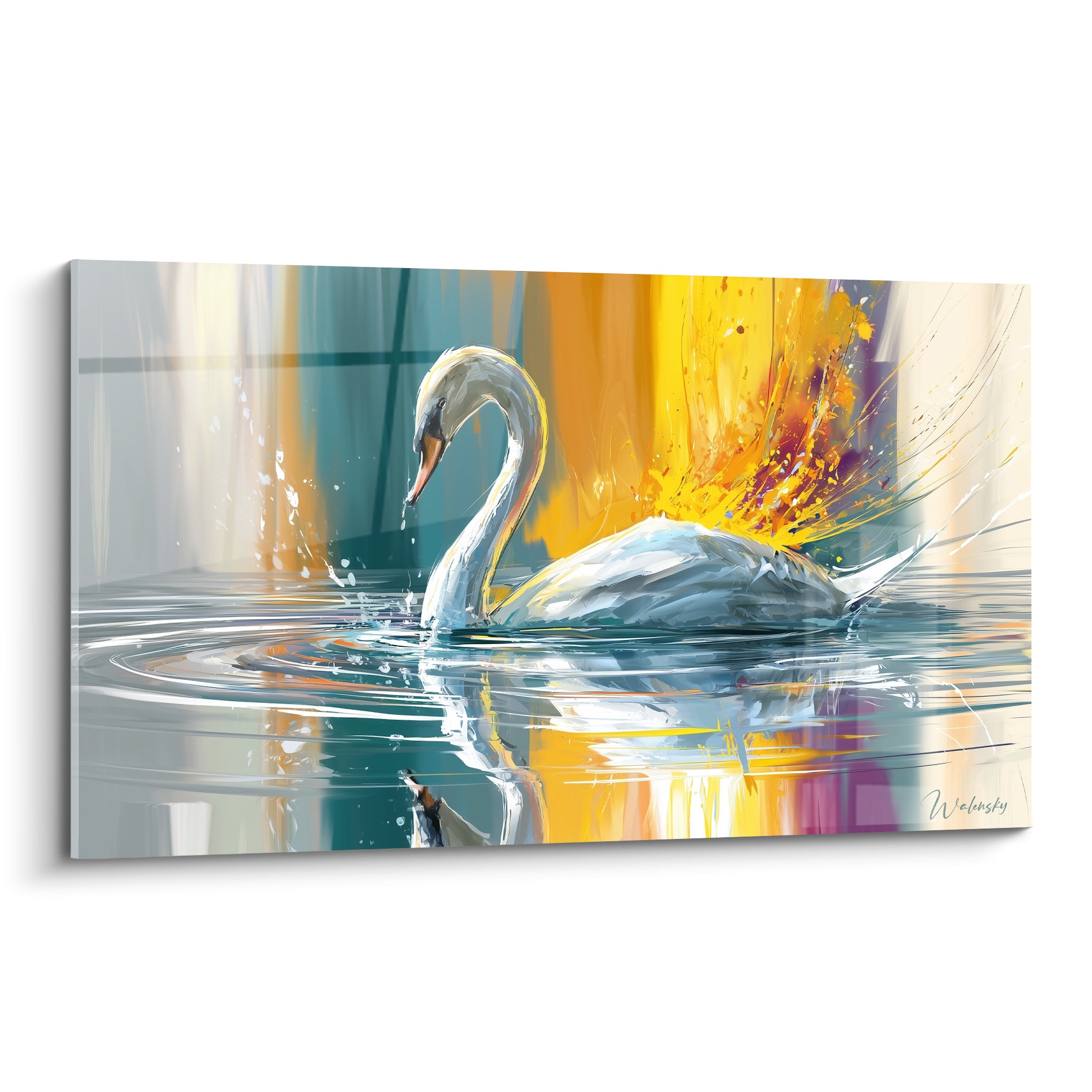 Cygne blanc glissant sur une eau turquoise, reflets ocre et dorés en arrière-plan peint
