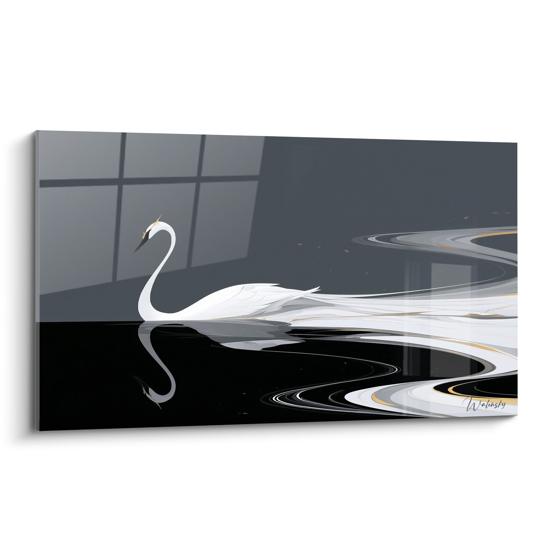 Cygne blanc glissant sur une eau noire, plumage doré et fond anthracite graphique