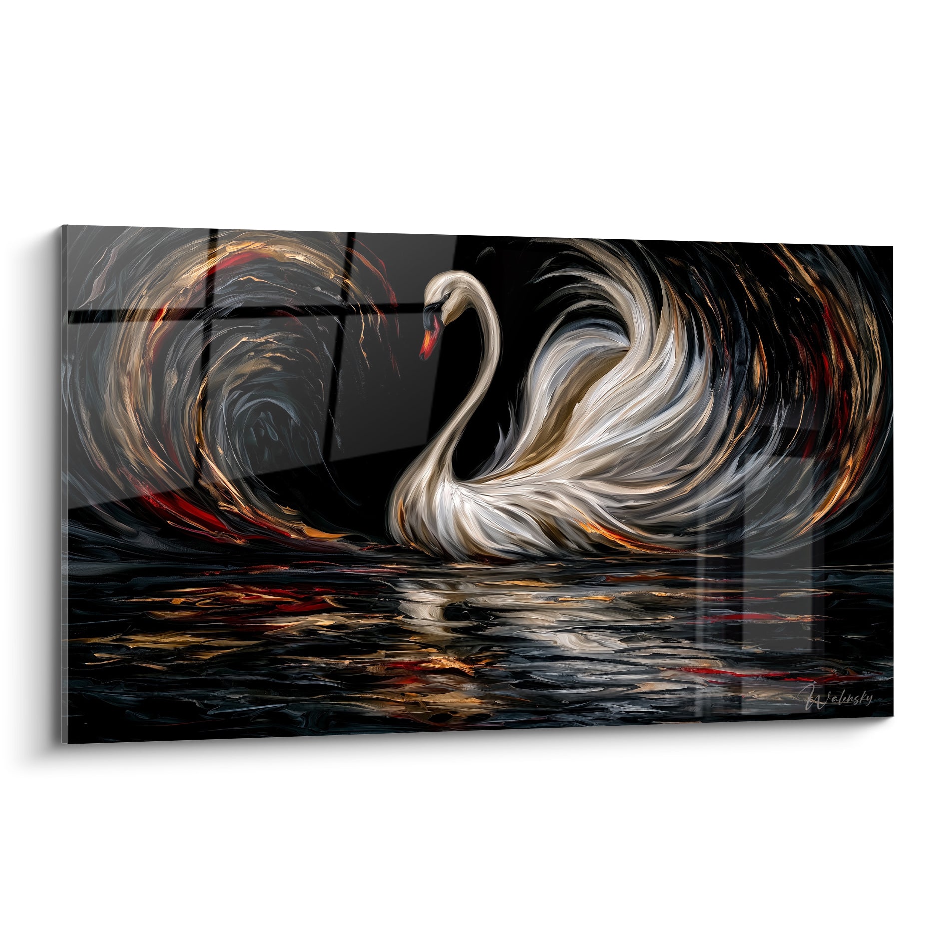 Cygne blanc au cou gracieux, ailes dorées en tourbillon sur fond anthracite et reflets roux