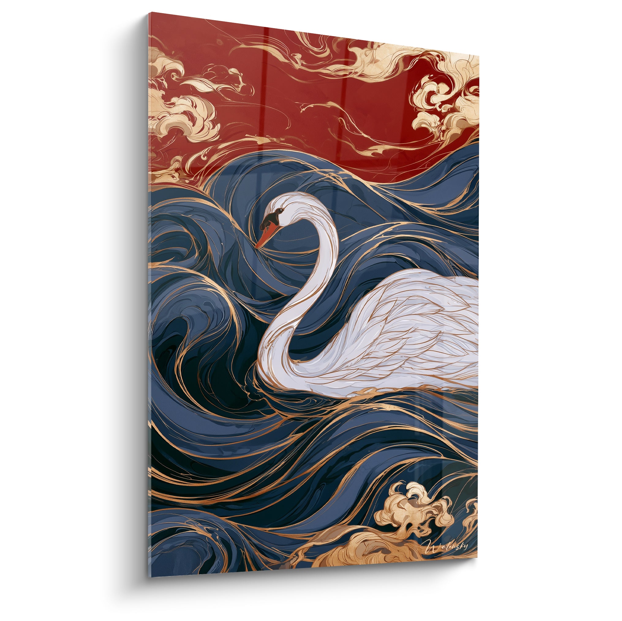 Cygne blanc au cou courbé nage parmi des vagues bleu marine et un ciel rouge doré