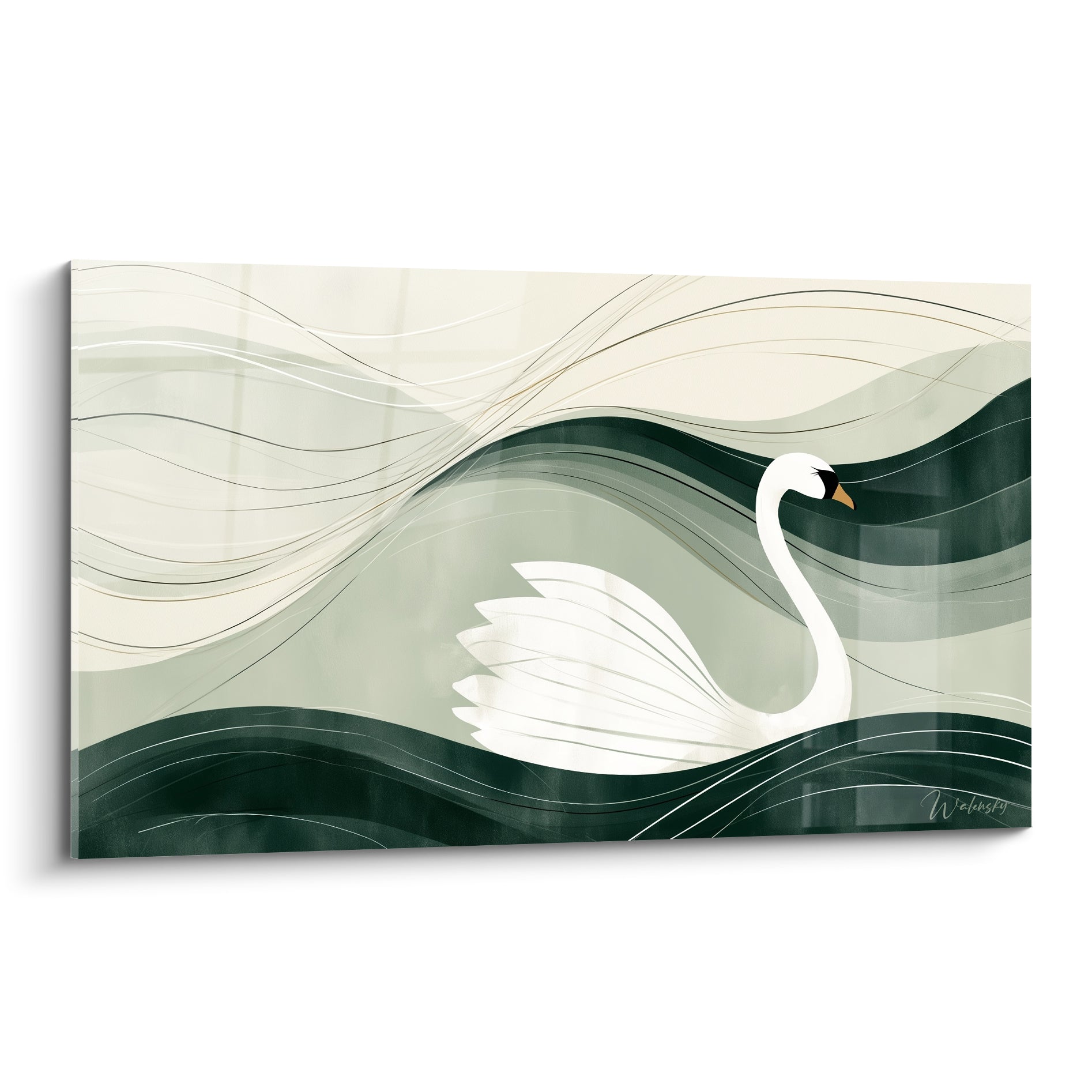 Cygne blanc glissant sur des vagues vert sapin et ivoire aux lignes graphiques fines