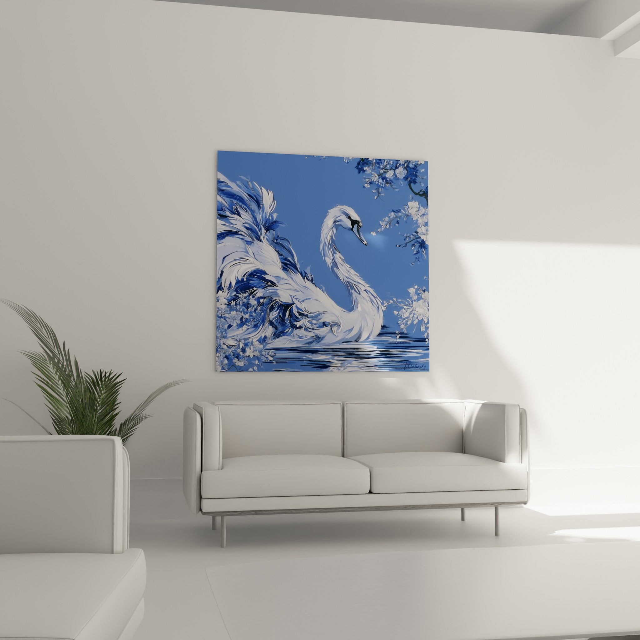 Plumage soyeux du cygne bleu et blanc parmi les fleurs, au-dessus d'un canapé dans un salon lumineux