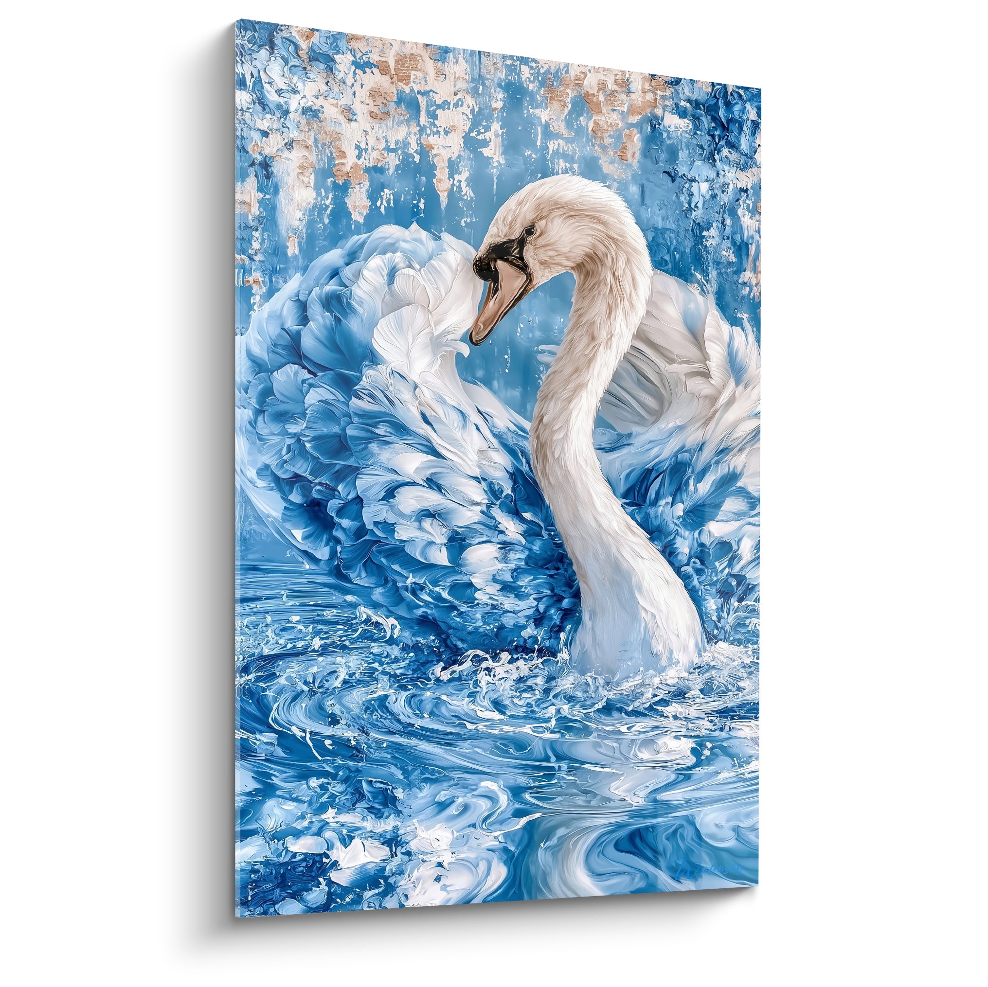 Cygne blanc au cou gracile émergeant d'une eau bleu marine tourbillonnante, plumage texturé