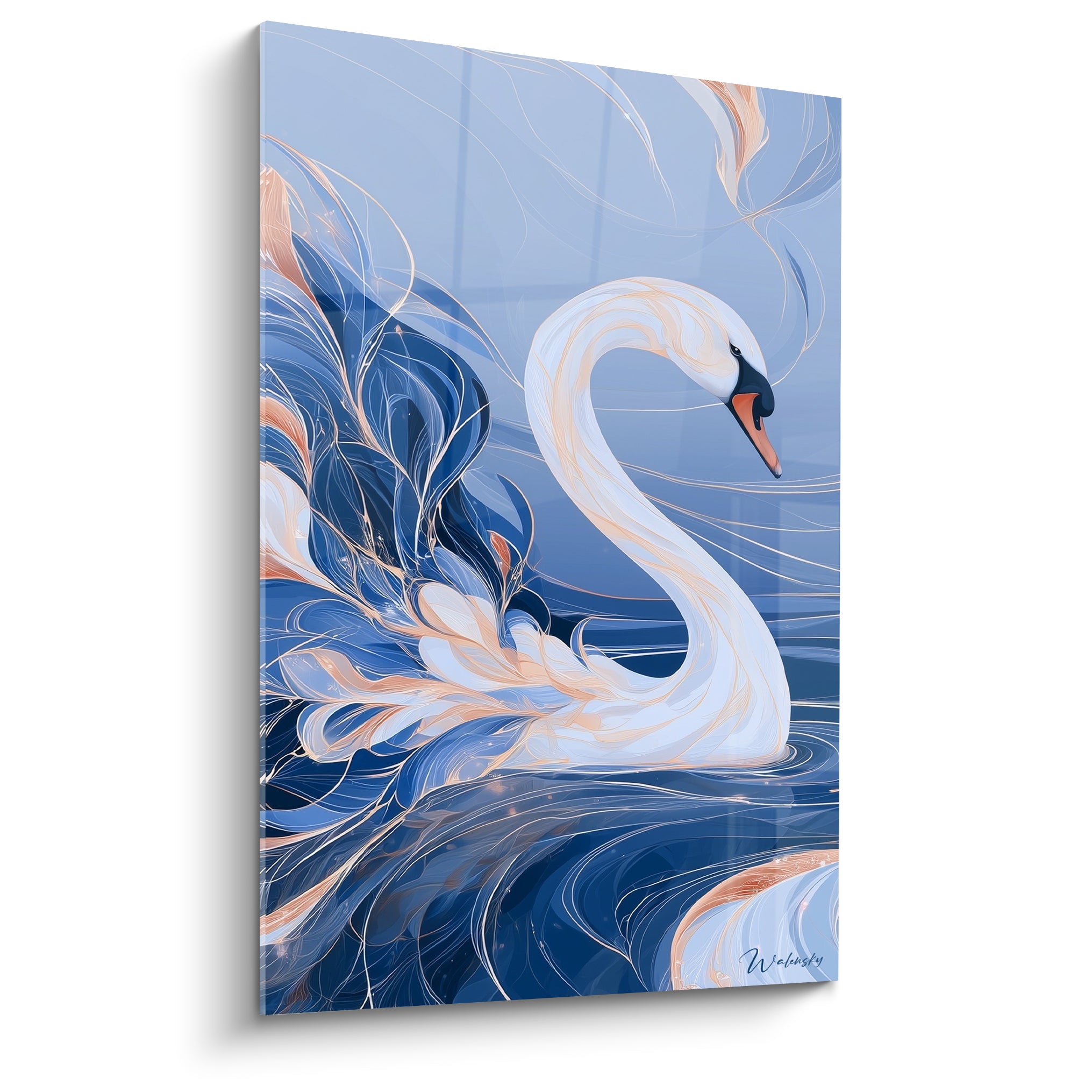 Cygne blanc au cou courbé, plumes bleu marine et cuivre en volutes fluides sur fond aquatique.