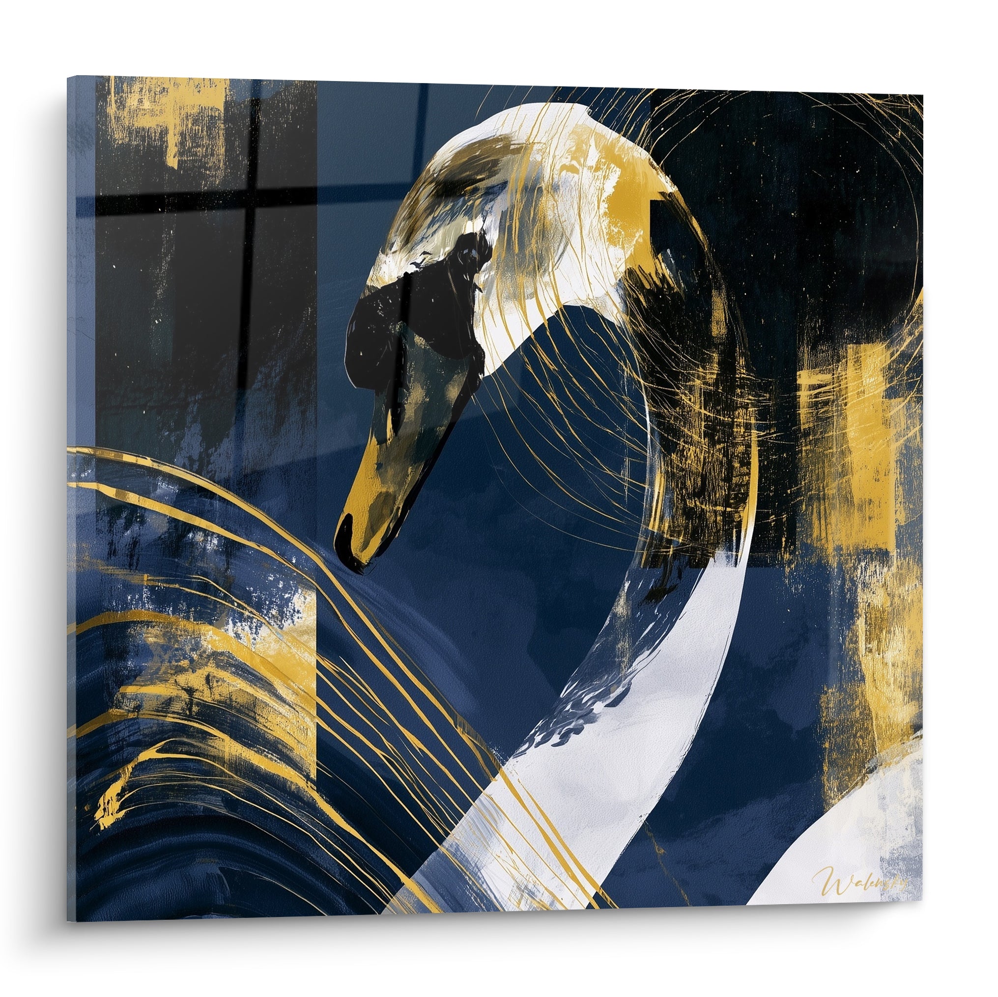 Cygne bleu marine au cou incliné, traits dorés et bec sombre sur fond graphique anthracite