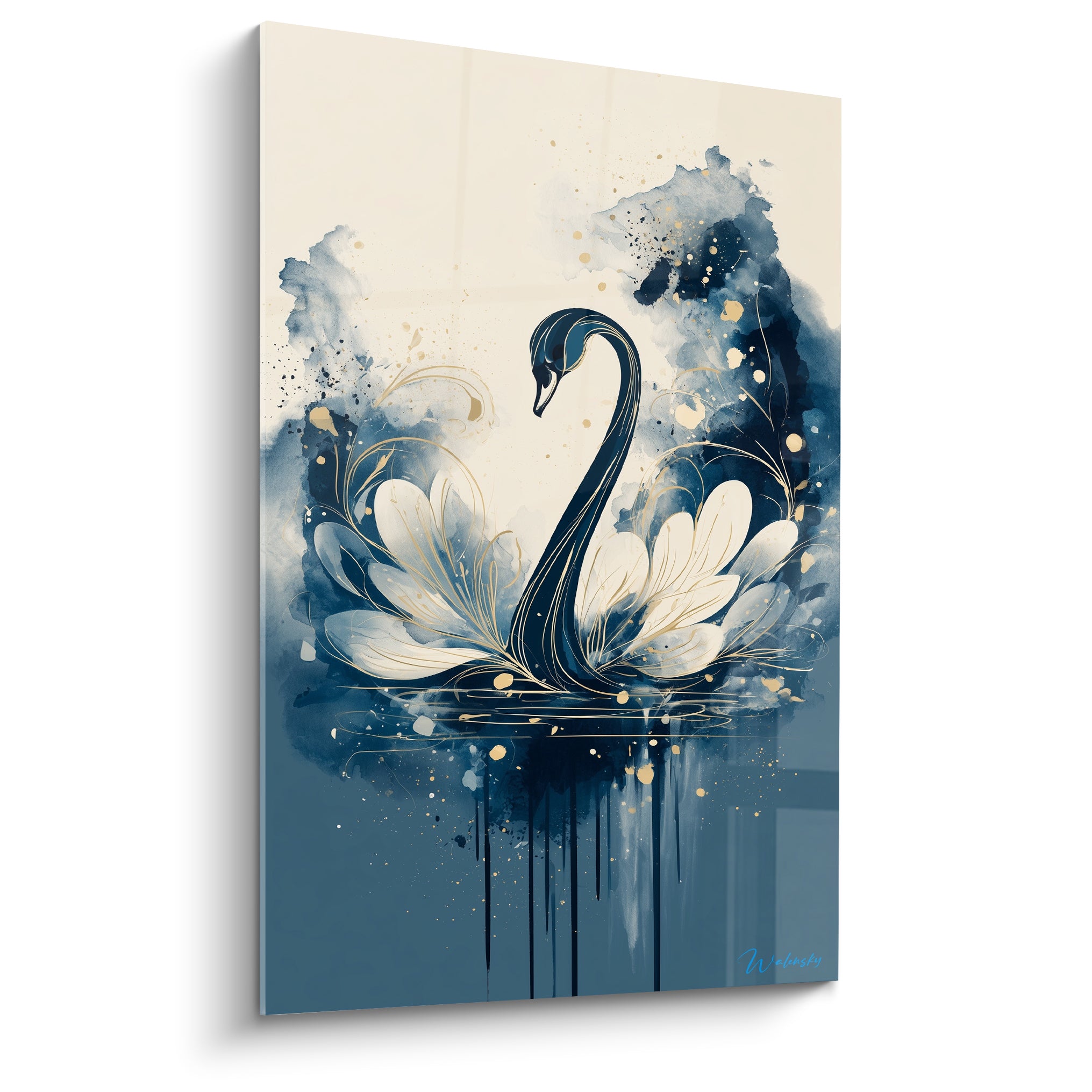 Cygne bleu marine aux ailes ivoire déployées, traits dorés, style aquarelle sur fond beige