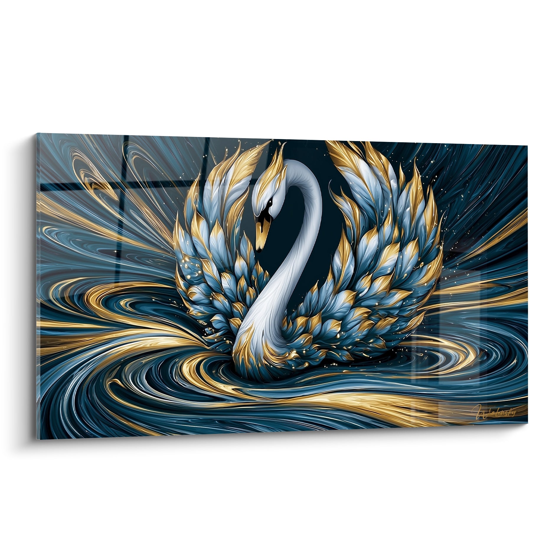Cygne blanc aux plumes bleu marine et dorées émergeant d'un tourbillon d'eau scintillant