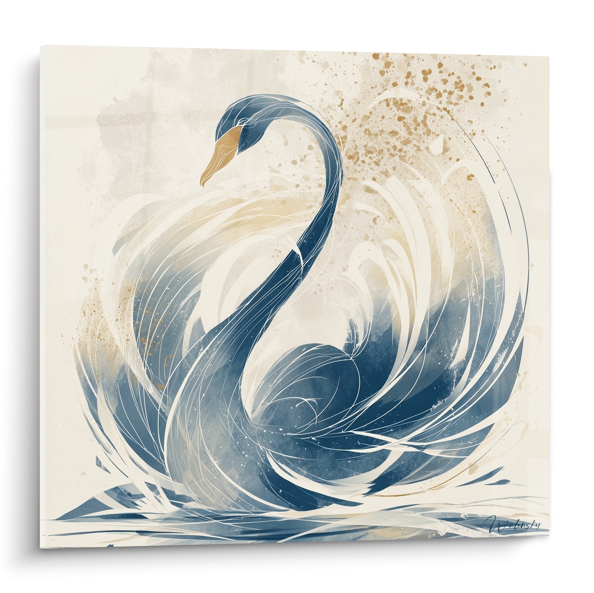 Cygne bleu marine et doré au cou incurvé, plumes en tourbillon sur fond ivoire moucheté
