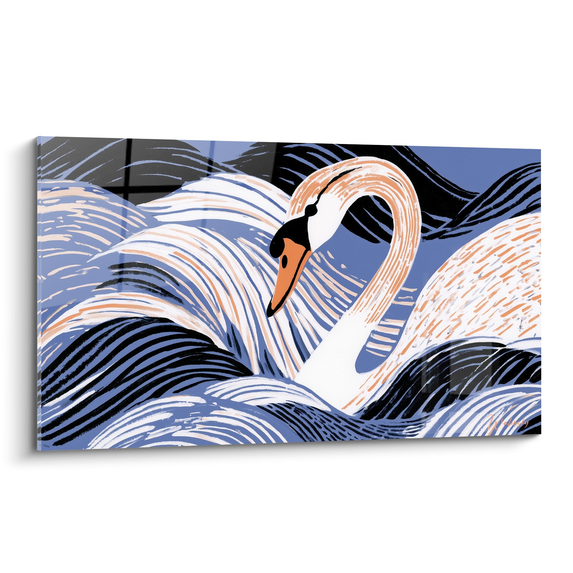 Cygne blanc au cou courbé, bec orangé, entouré de vagues bleu marine et noires stylisées