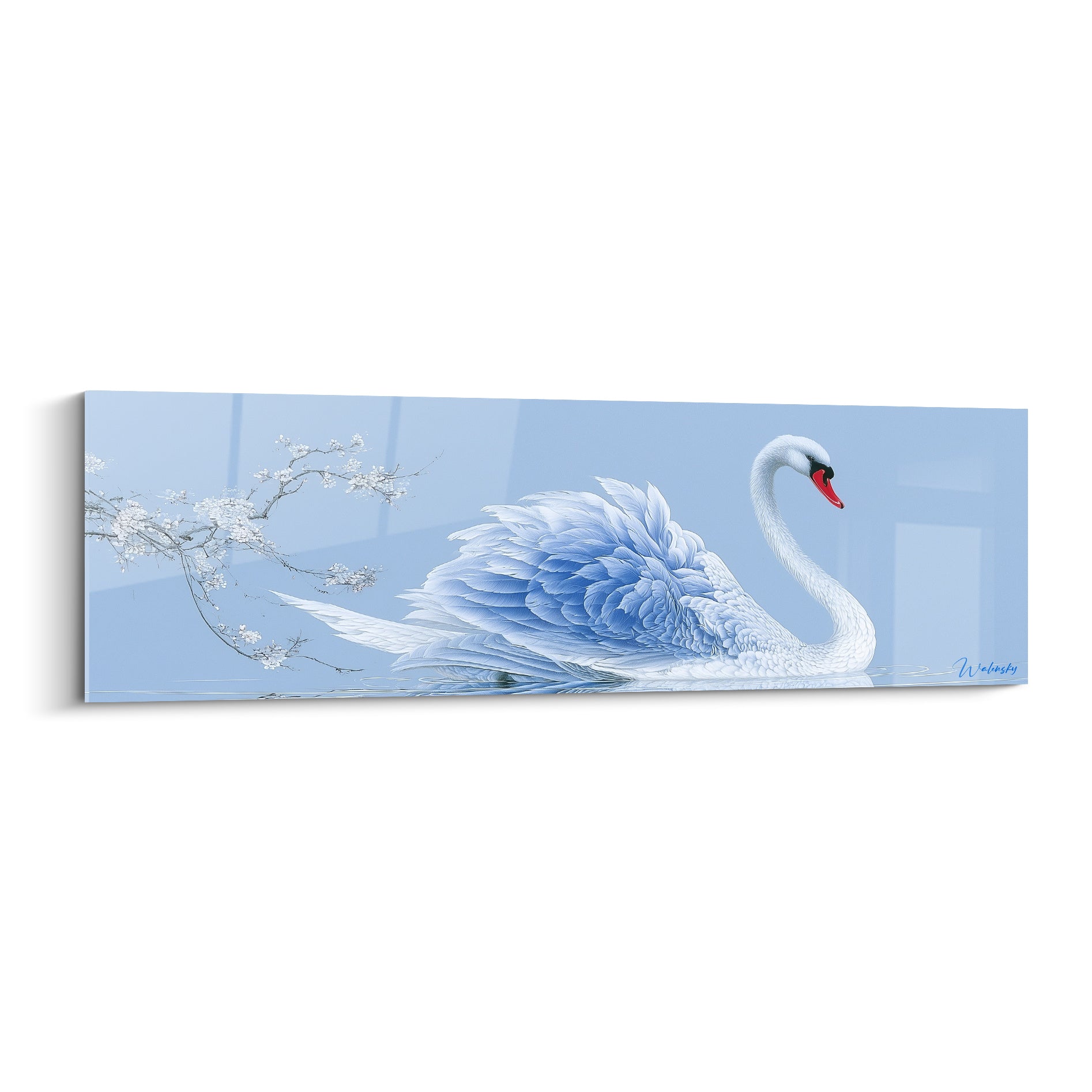 Cygne blanc aux plumes bleu pastel gonflées, glissant sur une eau calme et lumineuse